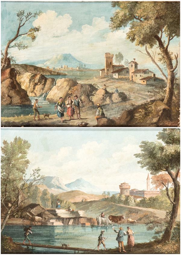 Artista veneto, XVIII secolo - a) Landscape with peasants, a stream, and a small village; b) Landscape with shepherds, a body of water, livestock, and a village in the background. Pair of paintings