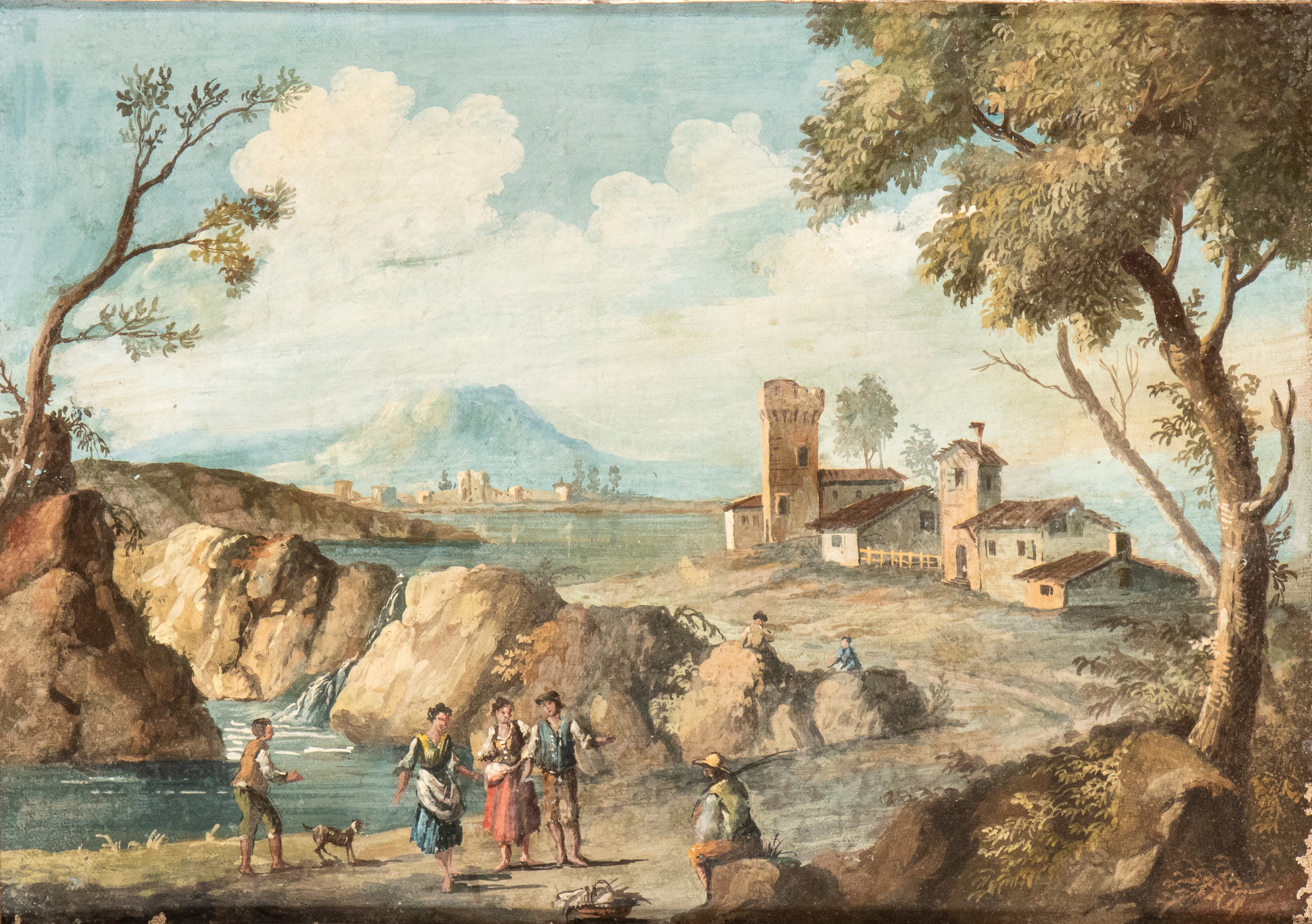 a) Paesaggio con contadini, corso d'acqua e borghetto sullo sfondo; b) Paesaggio con pastori, spe...