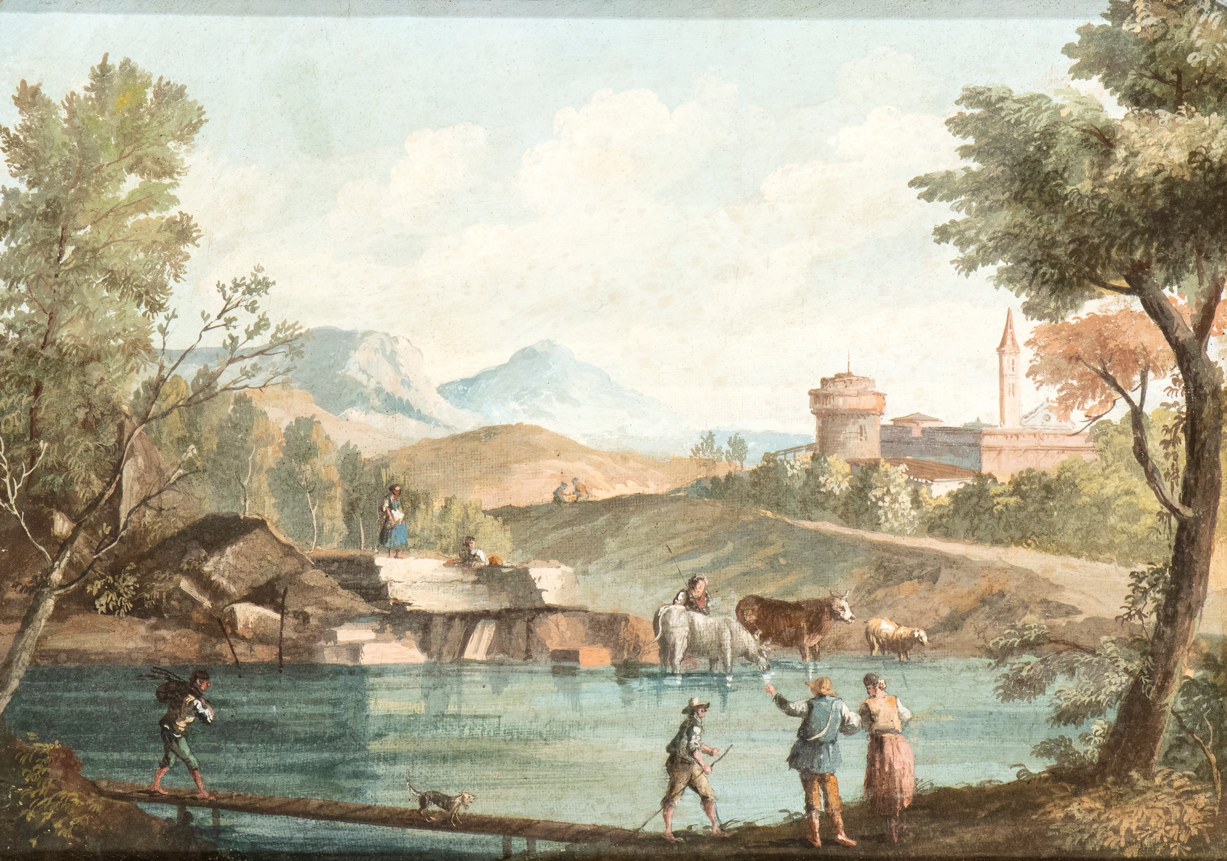 a) Paesaggio con contadini, corso d'acqua e borghetto sullo sfondo; b) Paesaggio con pastori, spe...