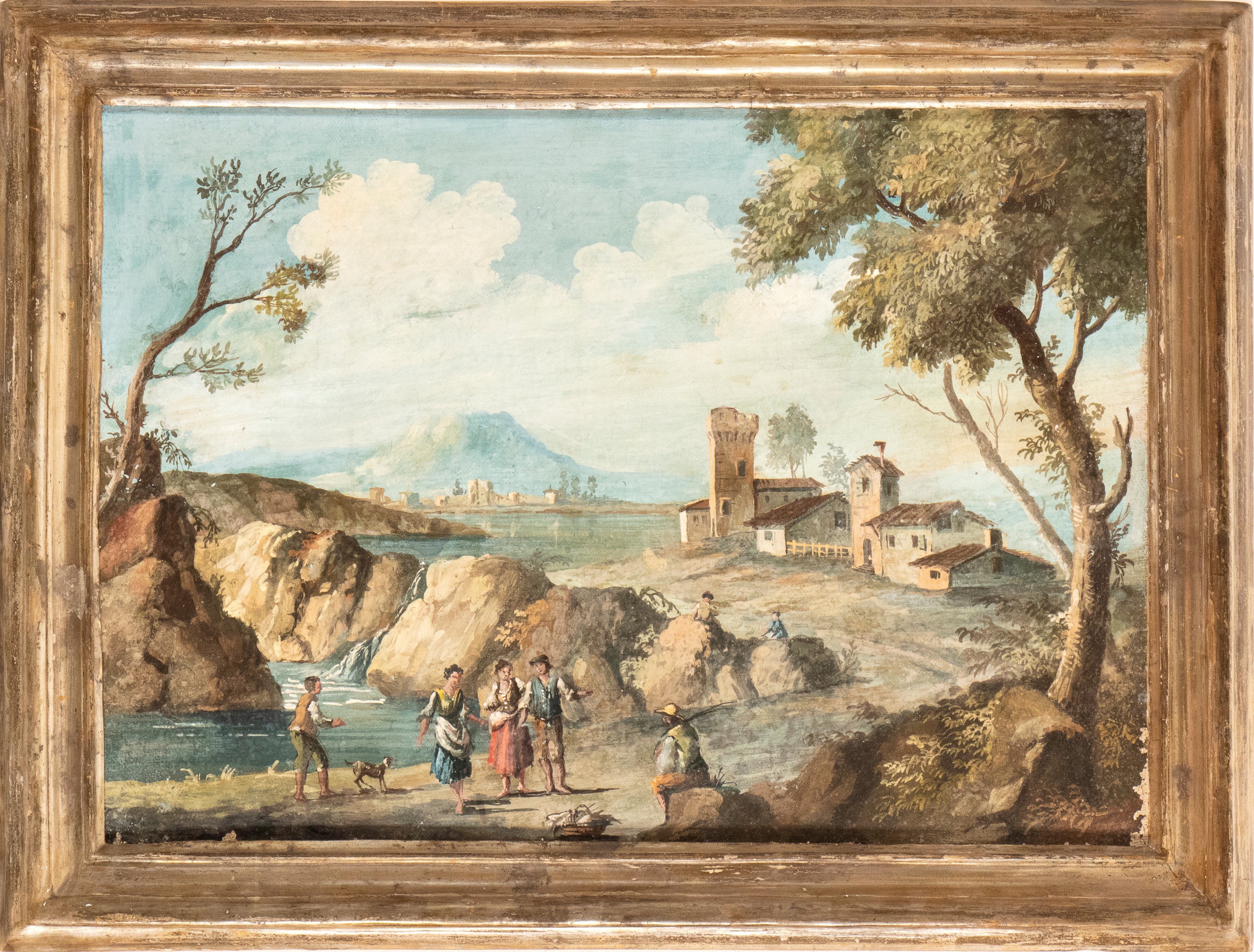 a) Paesaggio con contadini, corso d'acqua e borghetto sullo sfondo; b) Paesaggio con pastori, spe...