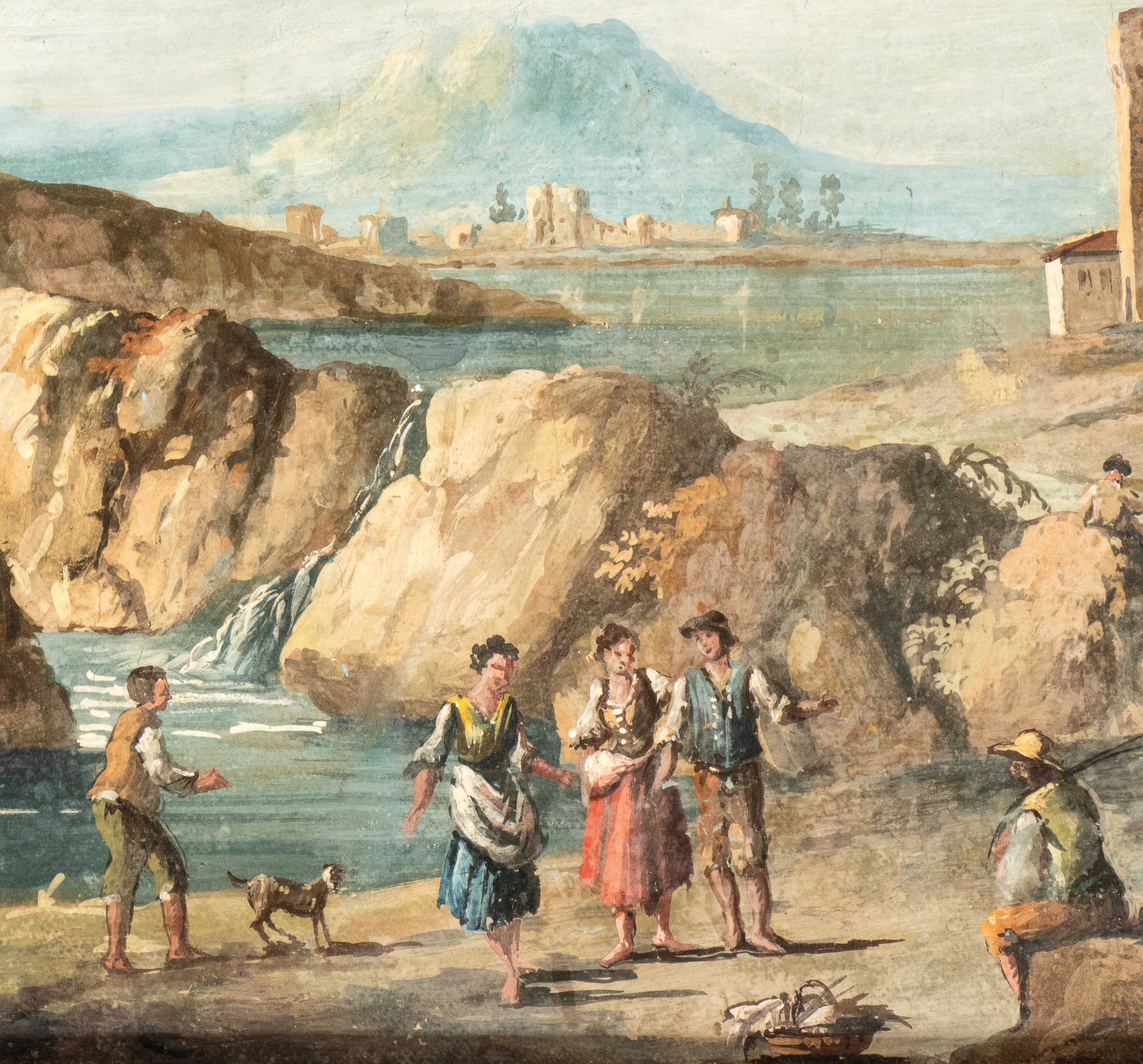 a) Paesaggio con contadini, corso d'acqua e borghetto sullo sfondo; b) Paesaggio con pastori, spe...