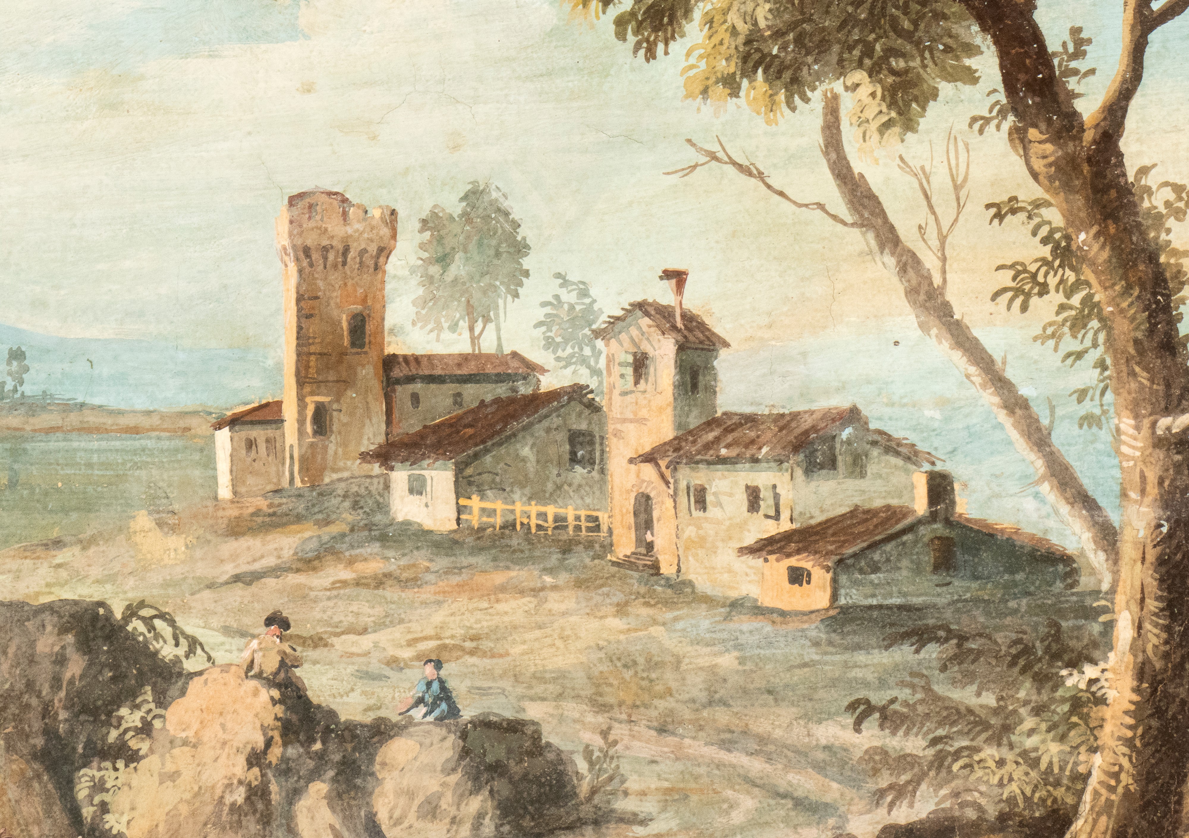 a) Paesaggio con contadini, corso d'acqua e borghetto sullo sfondo; b) Paesaggio con pastori, spe...