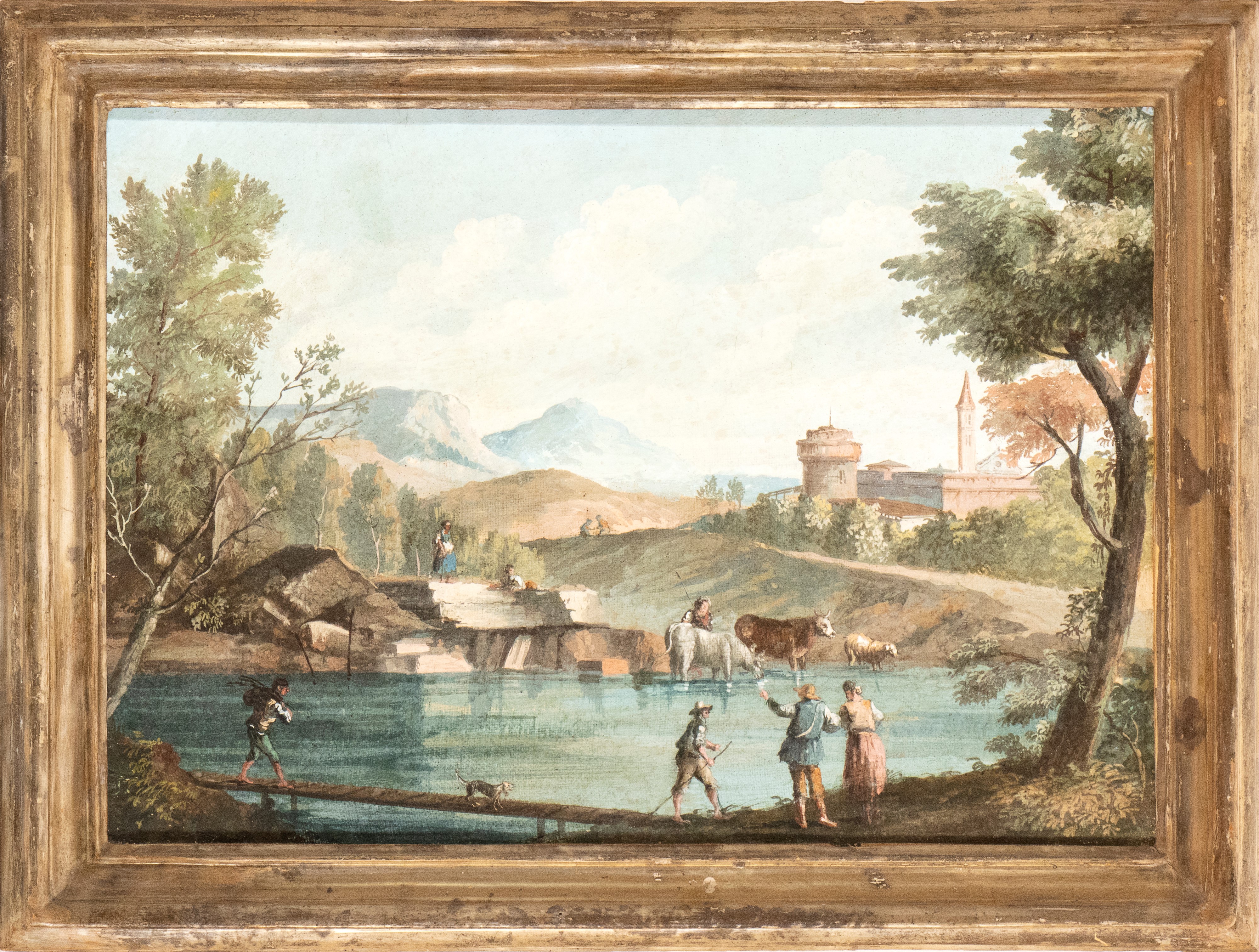 a) Paesaggio con contadini, corso d'acqua e borghetto sullo sfondo; b) Paesaggio con pastori, spe...