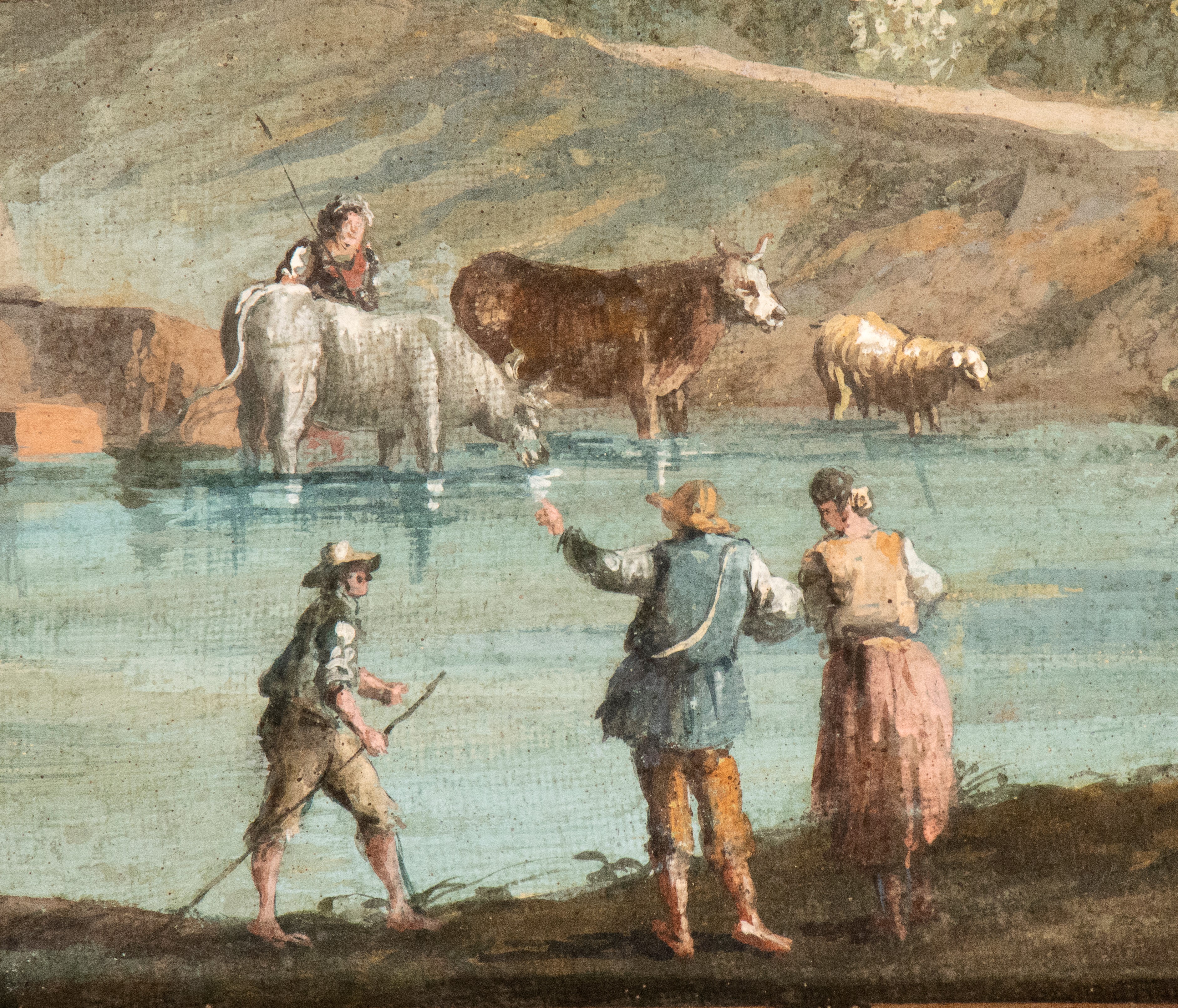 a) Paesaggio con contadini, corso d'acqua e borghetto sullo sfondo; b) Paesaggio con pastori, spe...