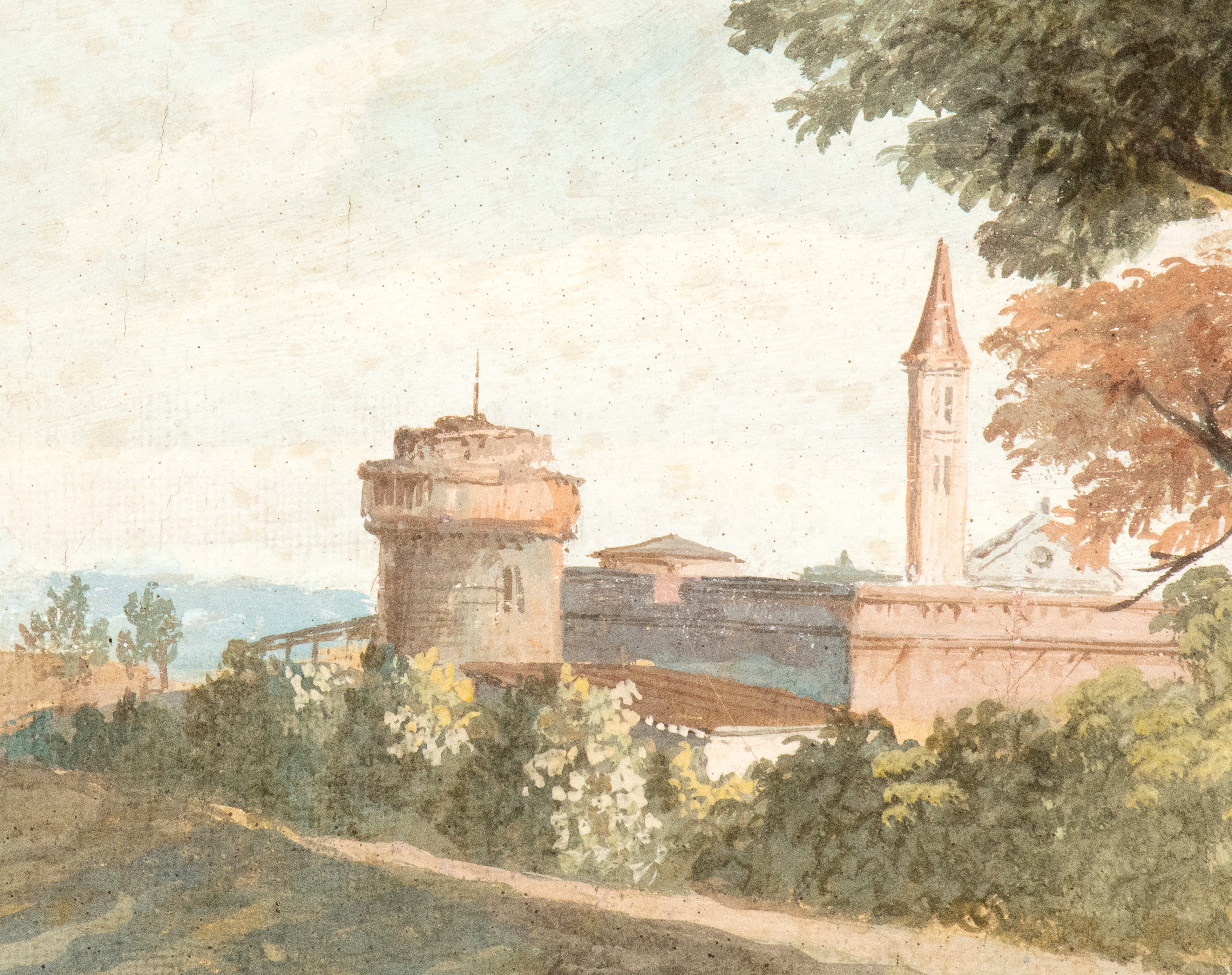 a) Paesaggio con contadini, corso d'acqua e borghetto sullo sfondo; b) Paesaggio con pastori, spe...