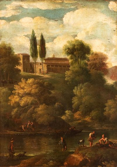 Paesaggio fluviale con figure e borgo sullo sfondo, olio su tela
