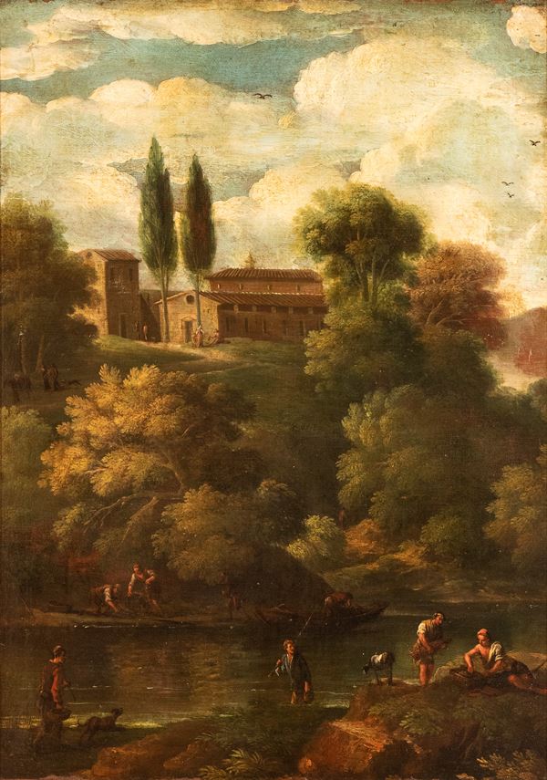 Artista attivo a Roma, prima met&#224; XVIII secolo - River landscape with figures and a village in the background