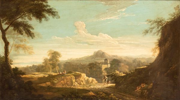 Artista attivo a Roma, prima met&#224; XVIII secolo - Lazio landscape with travellers by a small lake and Mount Soratte in the background