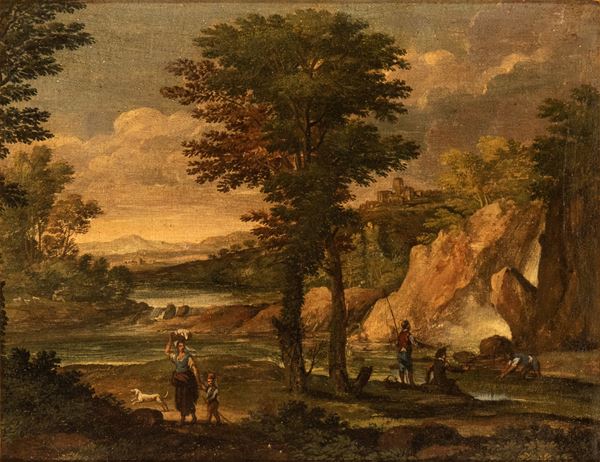 Artista attivo a Roma, fine XVII - inizio XVIII secolo - Landscape with a washerwoman, fishermen, and a stream