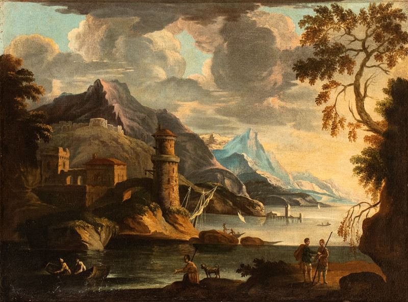 Artista Italiano, XVIII Secolo - Paesaggio con baia, olio su tela