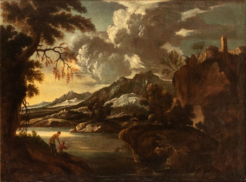 Artista Italiano, XVIII Secolo - Autore non identificato, Paesaggio con lago, olio su tela