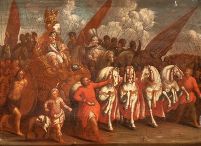 Trionfo militare con prigionieri, olio su tavola, cm. 33x34