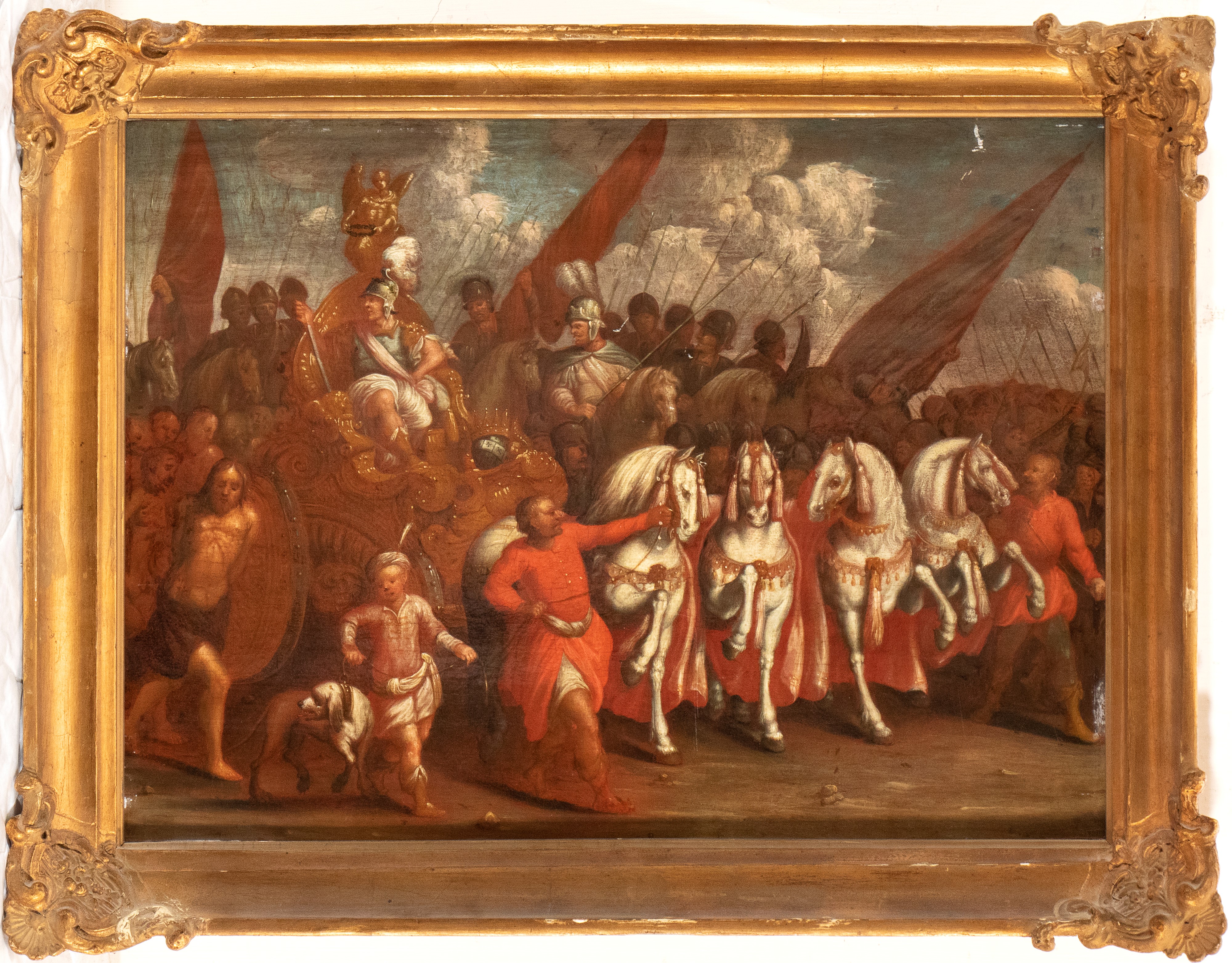 Artista Fiammingo, XVII Secolo - Trionfo militare con prigionieri, olio su tavola, cm. 33x34