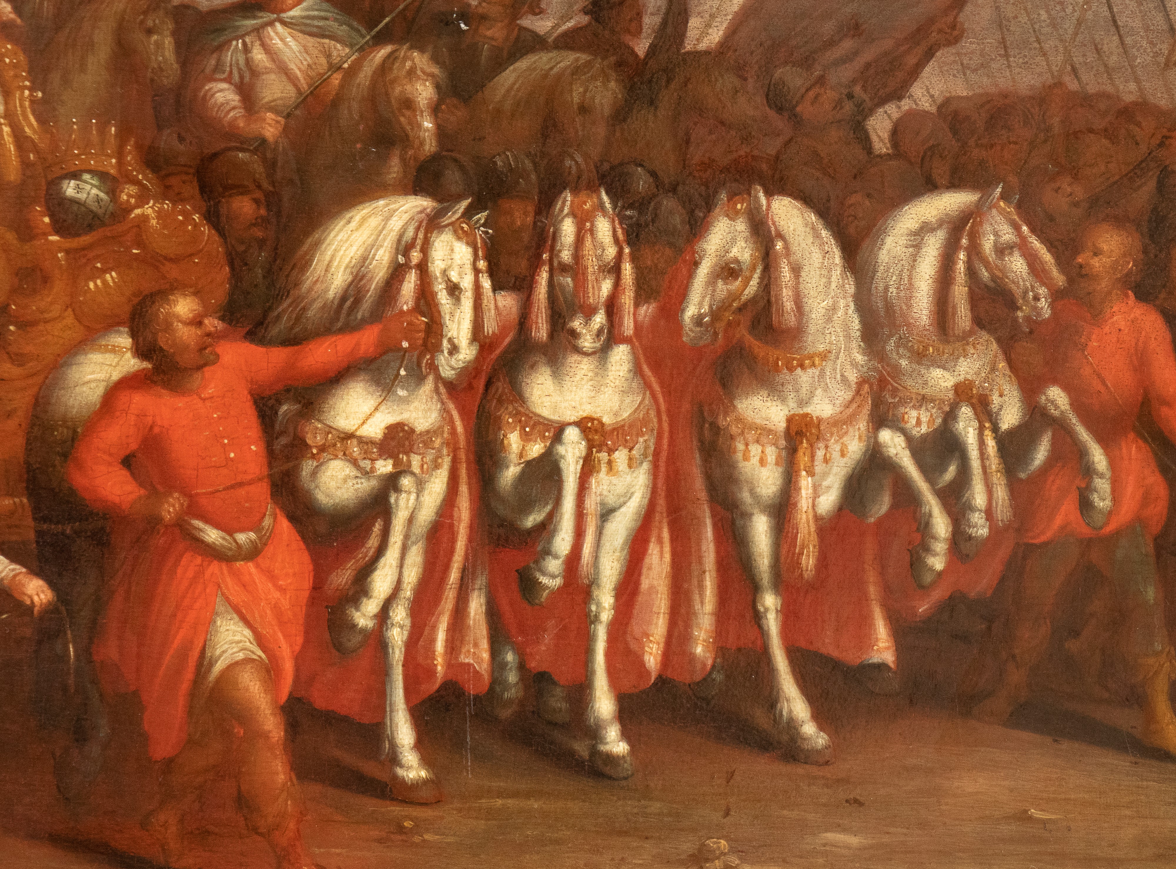 Artista Fiammingo, XVII Secolo - Trionfo militare con prigionieri, olio su tavola, cm. 33x34