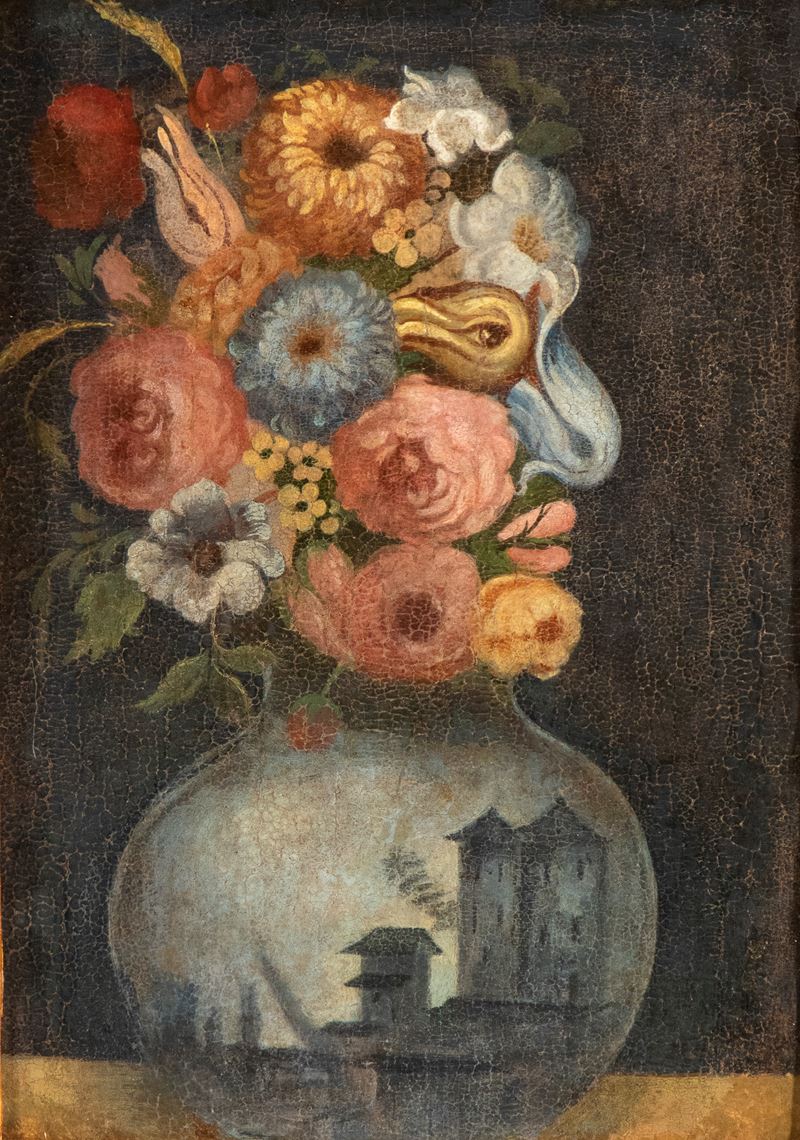 Giuseppe Arcimboldo - Testa floreale in un vaso di vetro, olio su tavola