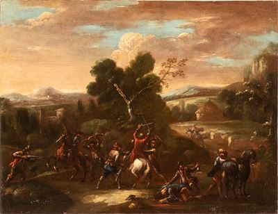Paesaggio con assalto di briganti, olio su tela