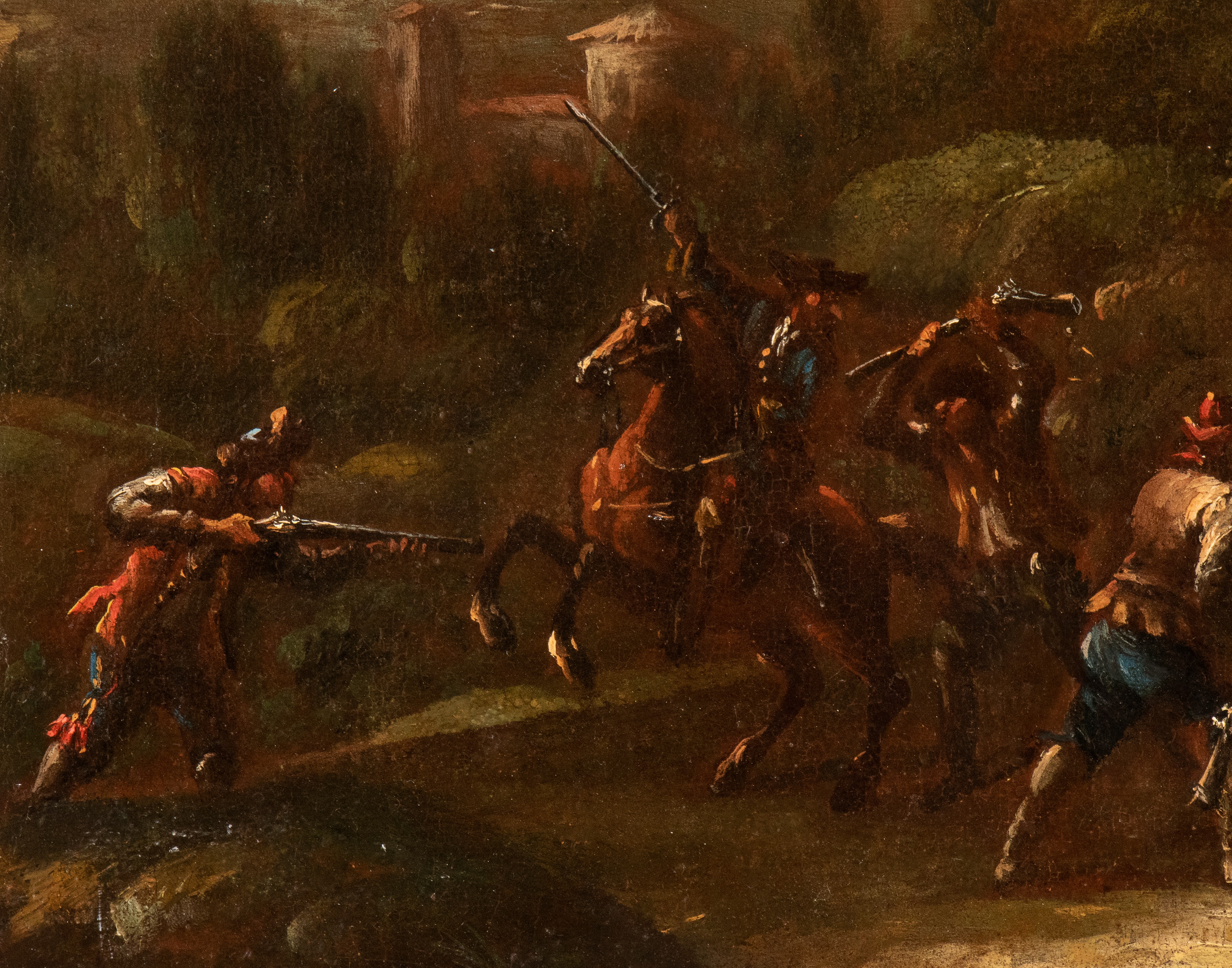 Artista Fiammingo, XVIII Secolo - Paesaggio con assalto di briganti, olio su tela