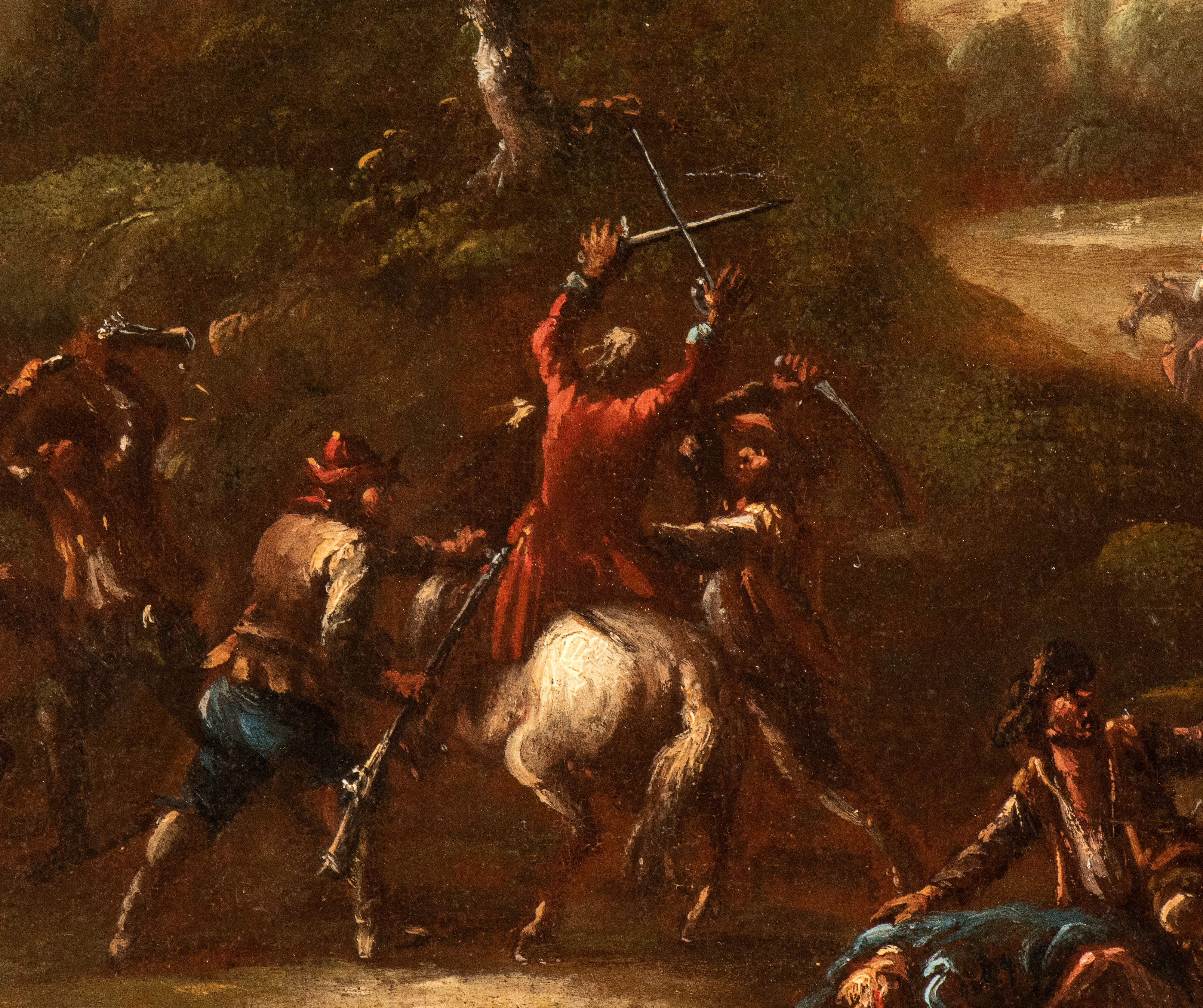 Artista Fiammingo, XVIII Secolo - Paesaggio con assalto di briganti, olio su tela