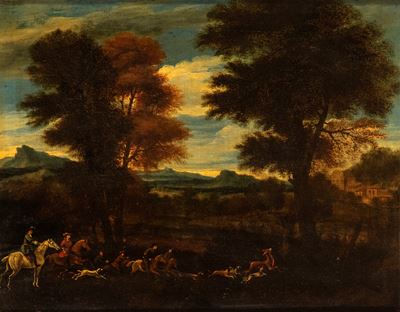 Paesaggio con scena di caccia, olio su tela