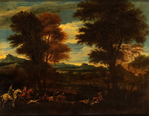 Artista attivo a Roma, XVII secolo - Paesaggio con scena di caccia