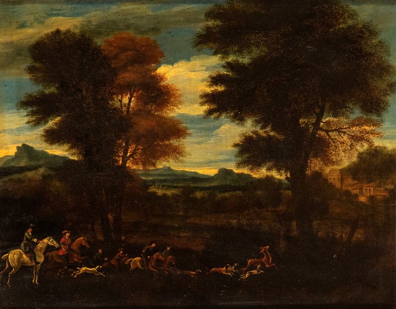 Artista Attivo a Roma, XVII Secolo - Paesaggio con scena di caccia, olio su tela