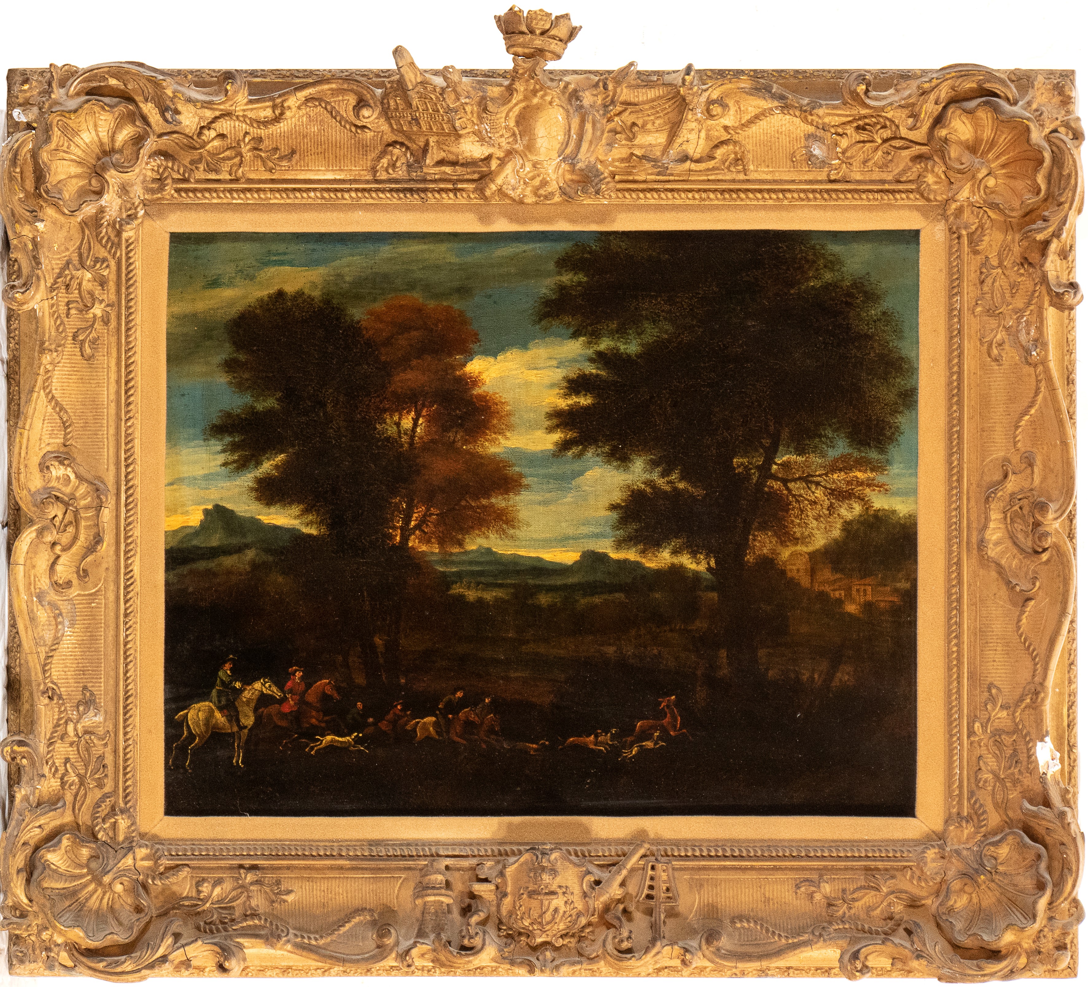 Artista Attivo a Roma, XVII Secolo - Paesaggio con scena di caccia, olio su tela