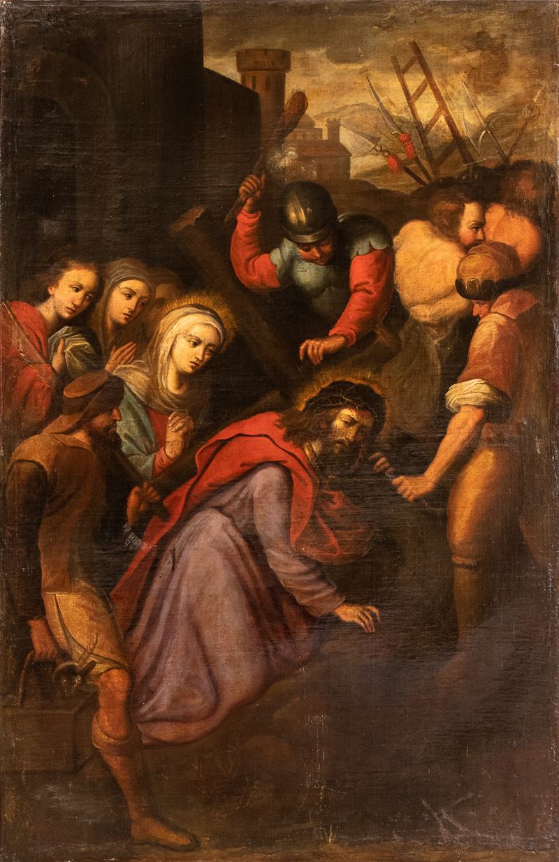 Artista Fiammingo, XVII Secolo - Salita al Calvario, olio su tela