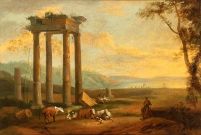 Paesaggio di fantasia con rovine classiche, pastori e armenti, olio su tela