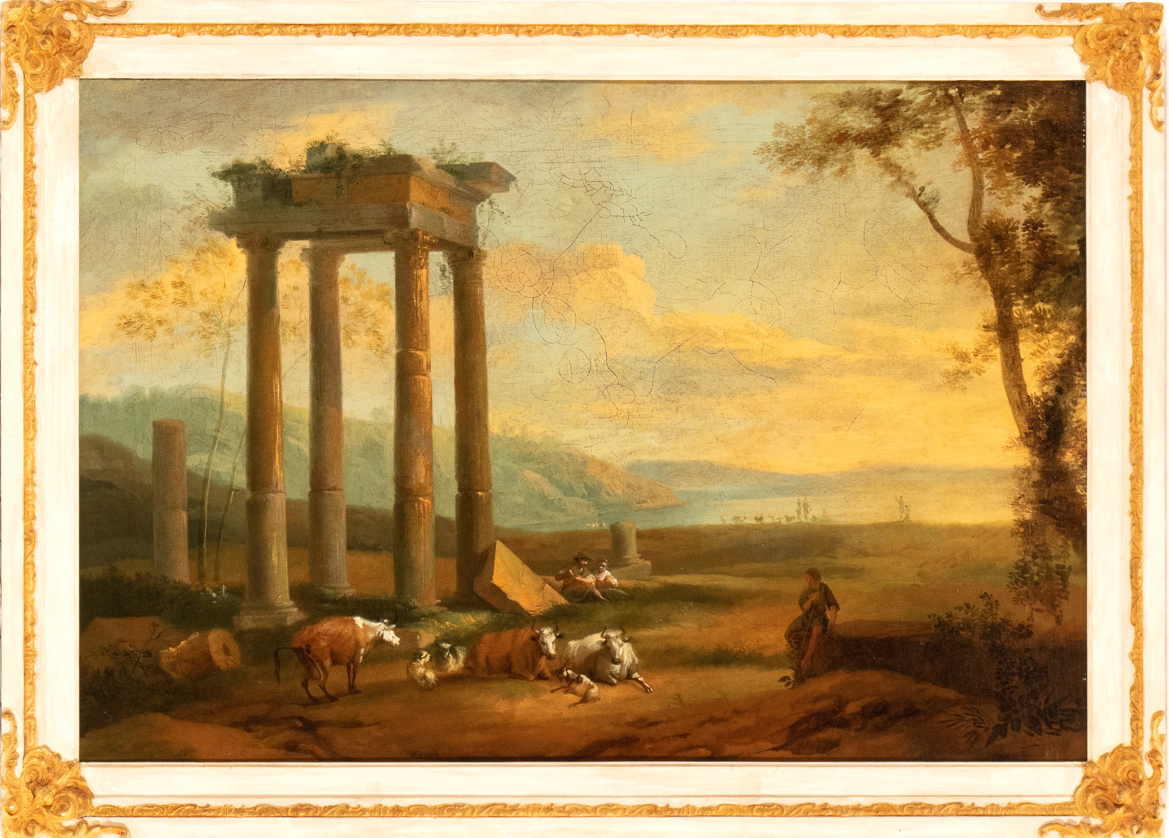Artista Attivo a Roma, XVIII Secolo - Paesaggio di fantasia con rovine classiche, pastori e armen...