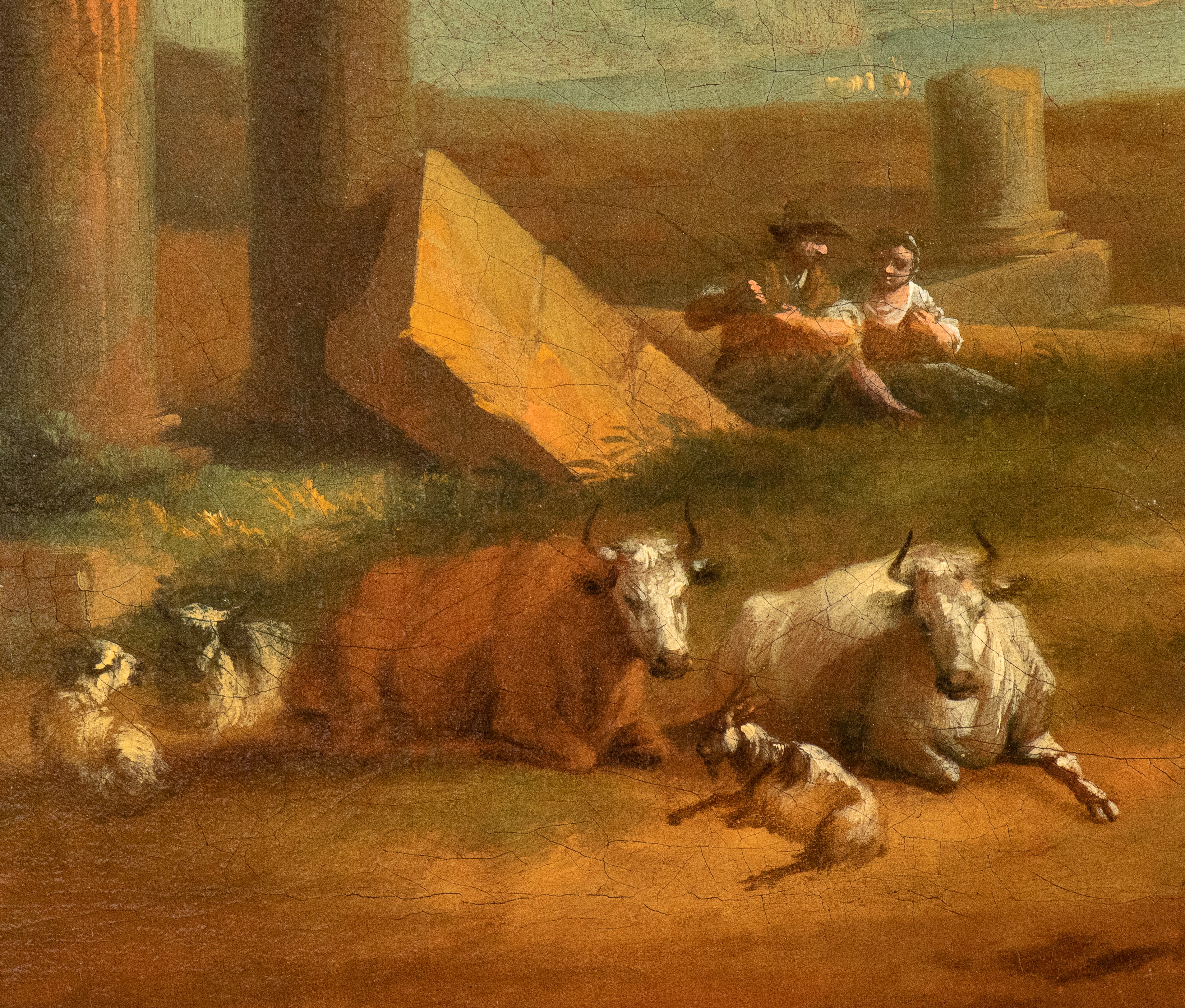 Artista Attivo a Roma, XVIII Secolo - Paesaggio di fantasia con rovine classiche, pastori e armen...