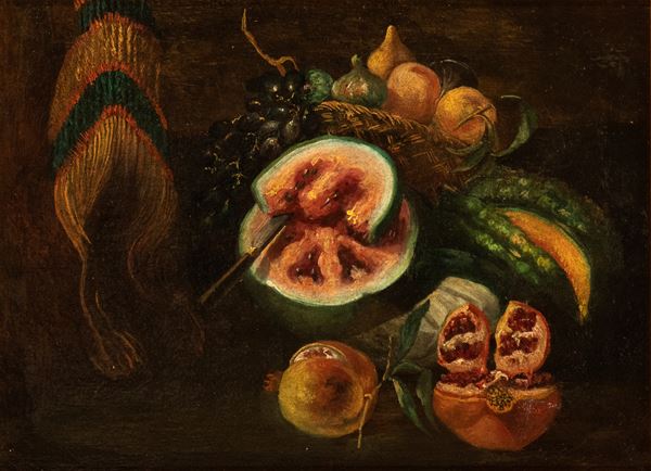 Artista attivo a Napoli, seconda met&#224; XVII secolo - Still life with watermelons, pomegranates, gourd, and grapes