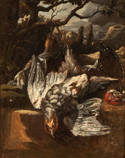 Natura morta con uccello, olio su tela