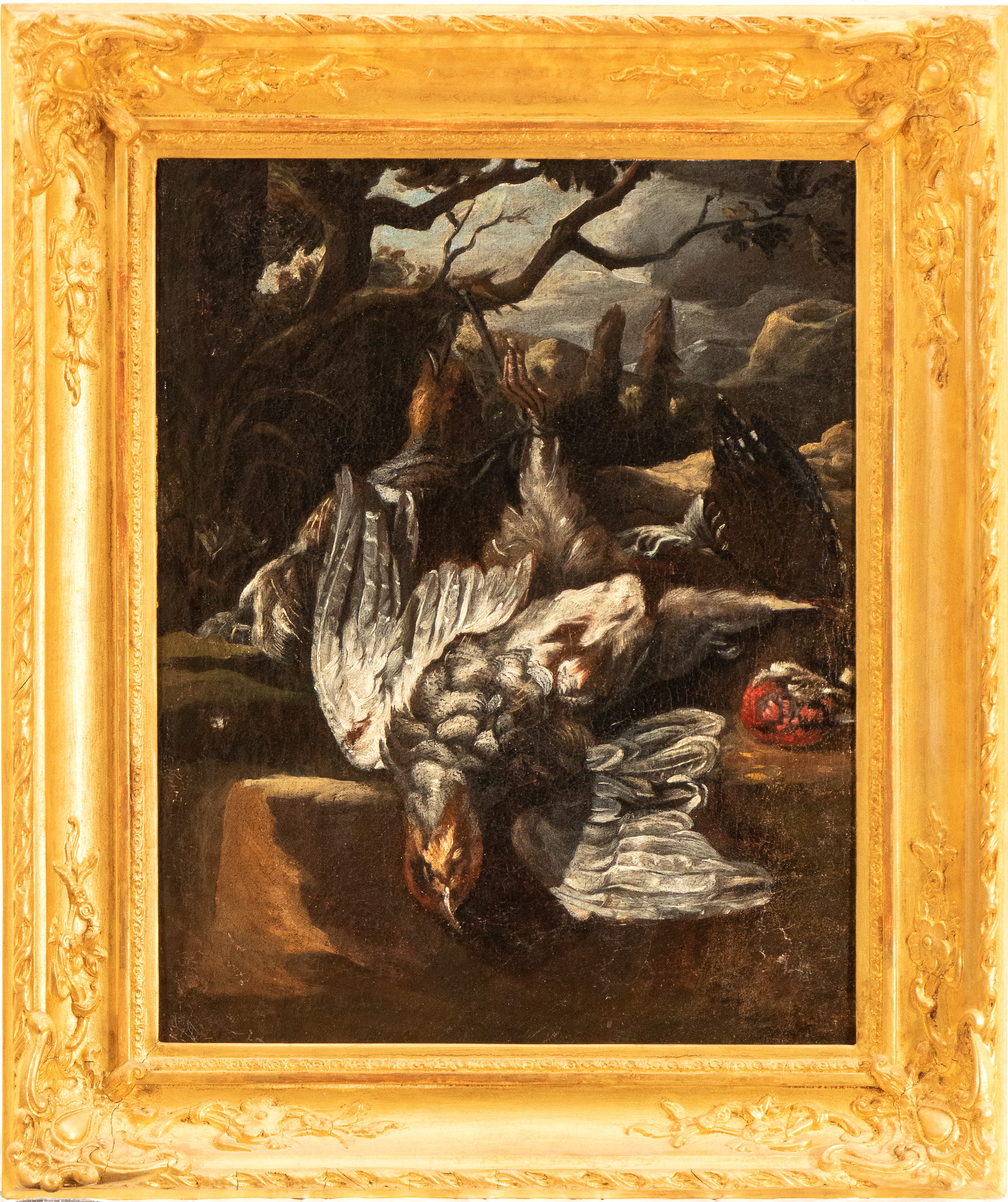 Artista Lombardo, XVIII Secolo - Natura morta con uccello, olio su tela