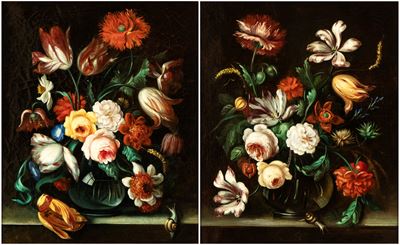 Autore ignoto, Coppia di nature morte con fiori, olio su tela