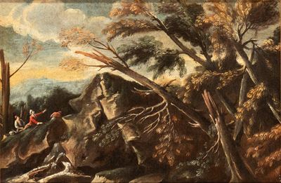 Autore sconosciuto, Paesaggio con alberi spezzati, olio su tela