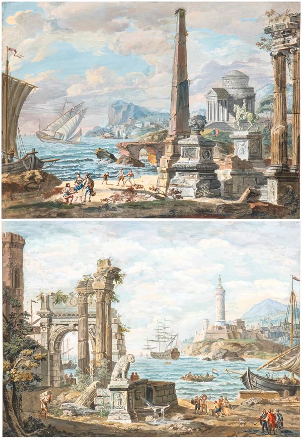Artista attivo a Roma, XVIII secolo - a) A Coastal Capriccio with Classical Monuments and Fishermen; b) A Coastal Capriccio with Roman Ruins, Boats, and Figures