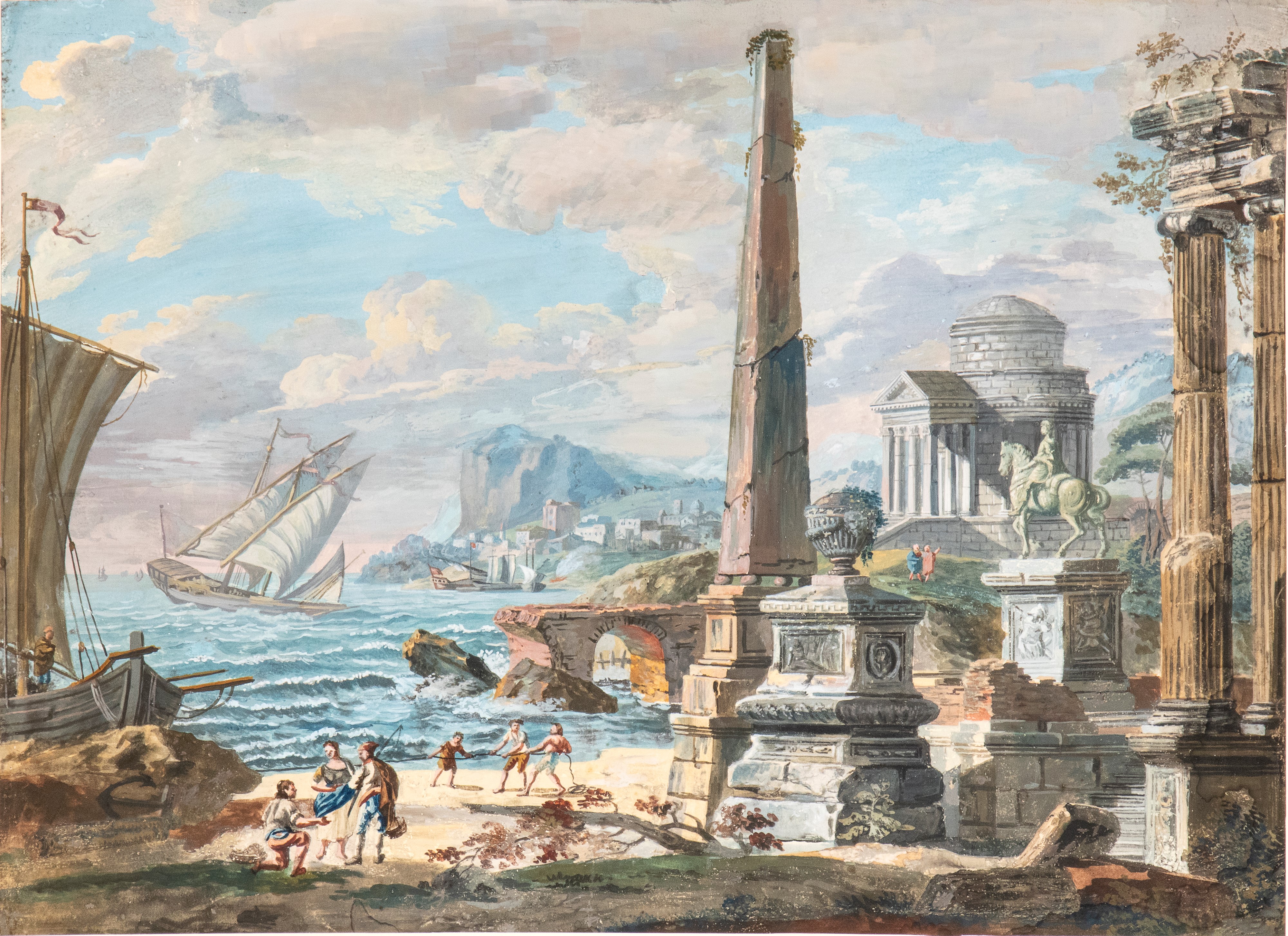 a) Capriccio costiero con monumenti classici e pescatori; b) Capriccio costiero ruderi romani, im...
