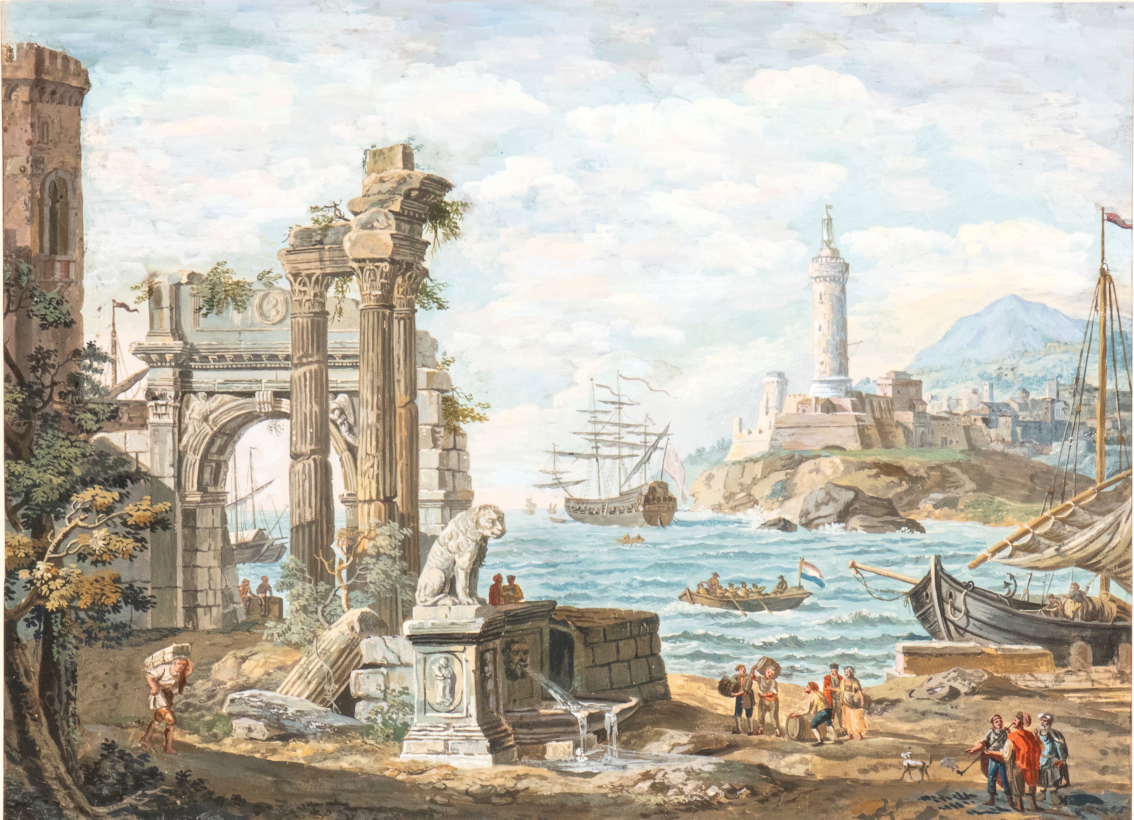a) Capriccio costiero con monumenti classici e pescatori; b) Capriccio costiero ruderi romani, im...