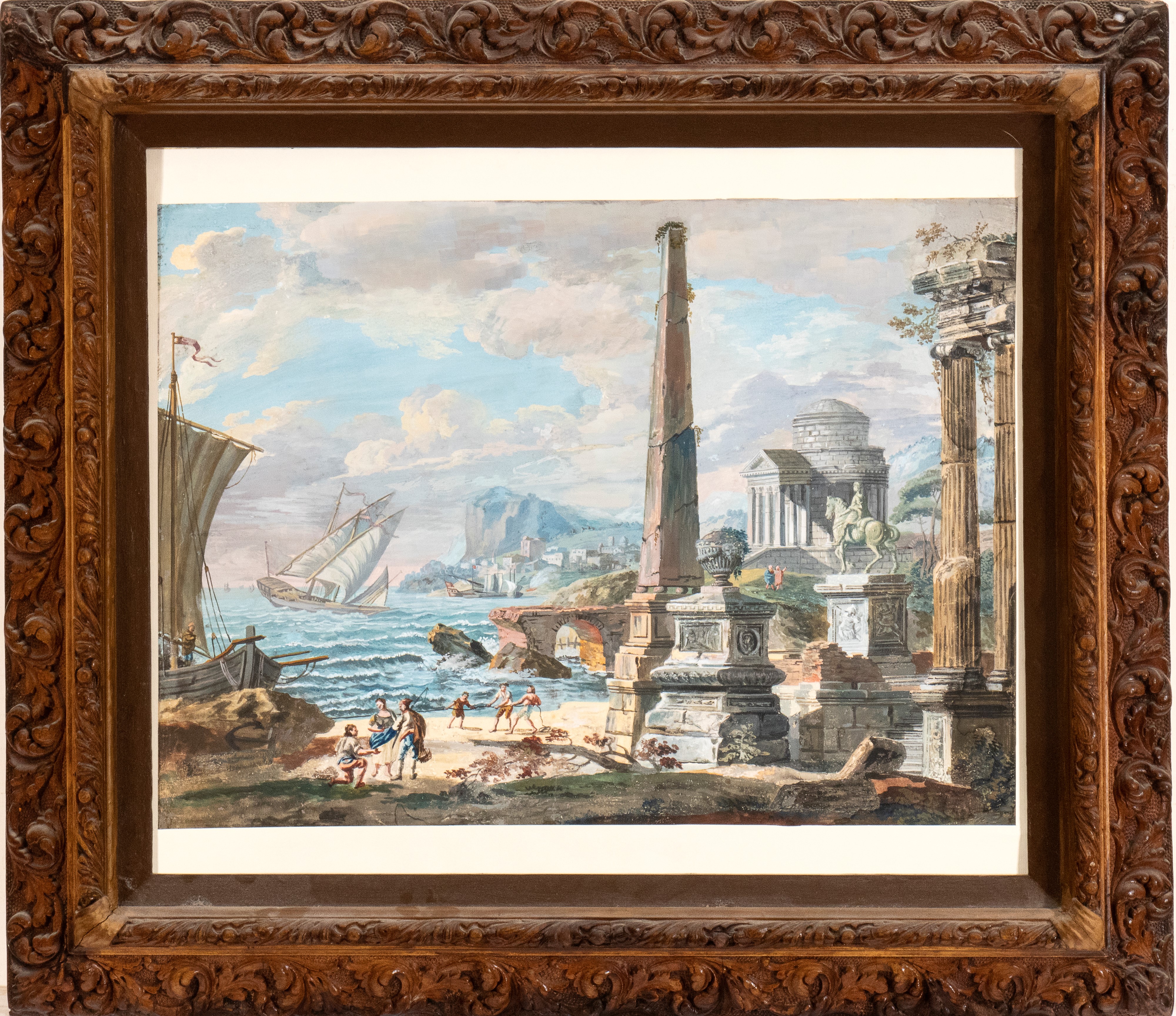 a) Capriccio costiero con monumenti classici e pescatori; b) Capriccio costiero ruderi romani, im...