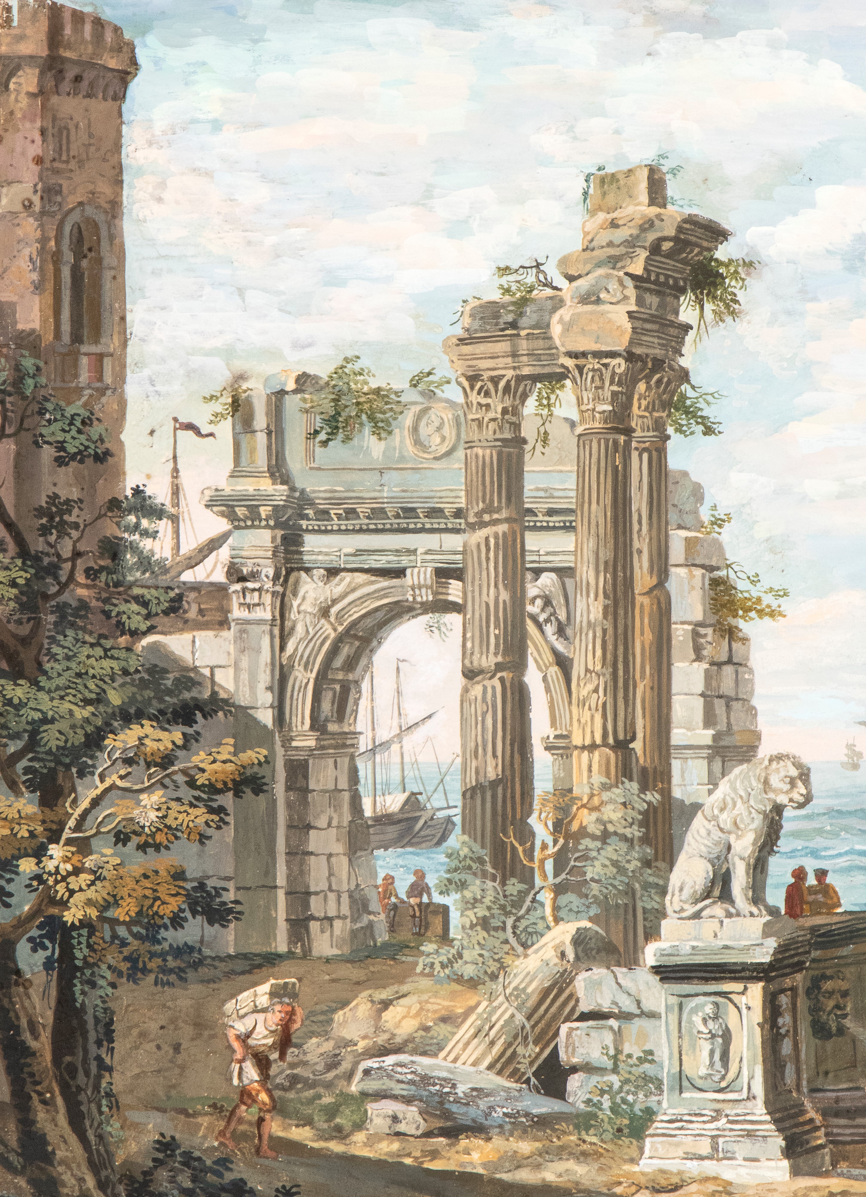 a) Capriccio costiero con monumenti classici e pescatori; b) Capriccio costiero ruderi romani, im...