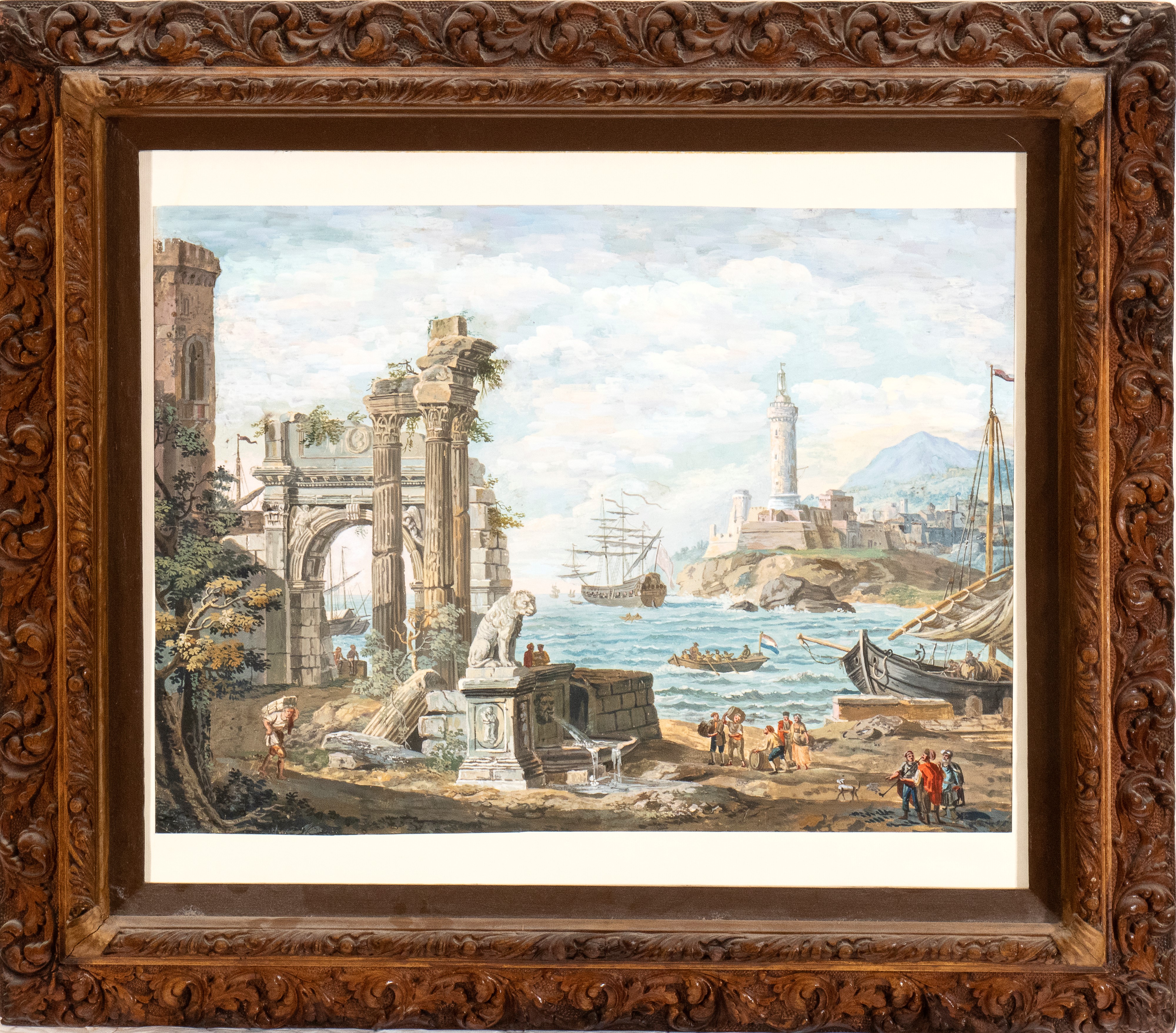 a) Capriccio costiero con monumenti classici e pescatori; b) Capriccio costiero ruderi romani, im...
