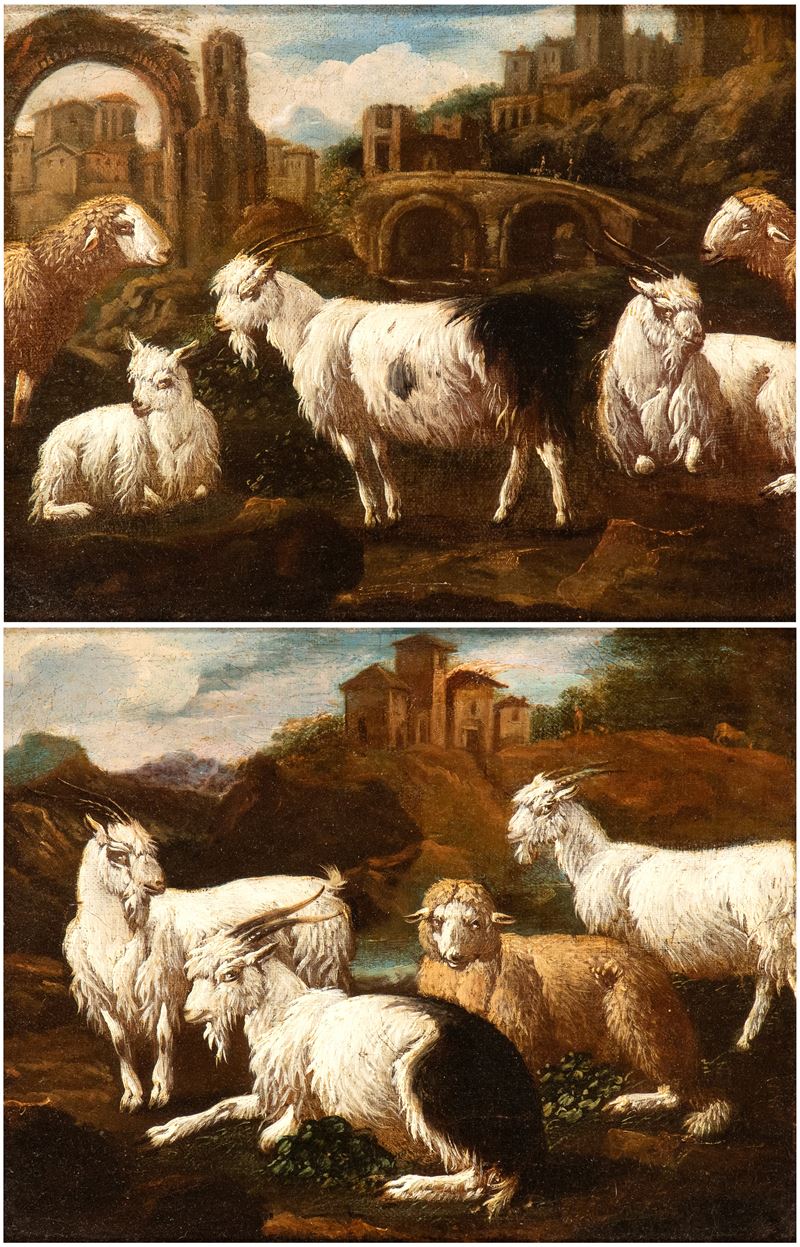a) Gregge tra rovine romane con arco sullo sfondo; b) Gregge in un paesaggio con edificio sullo s...