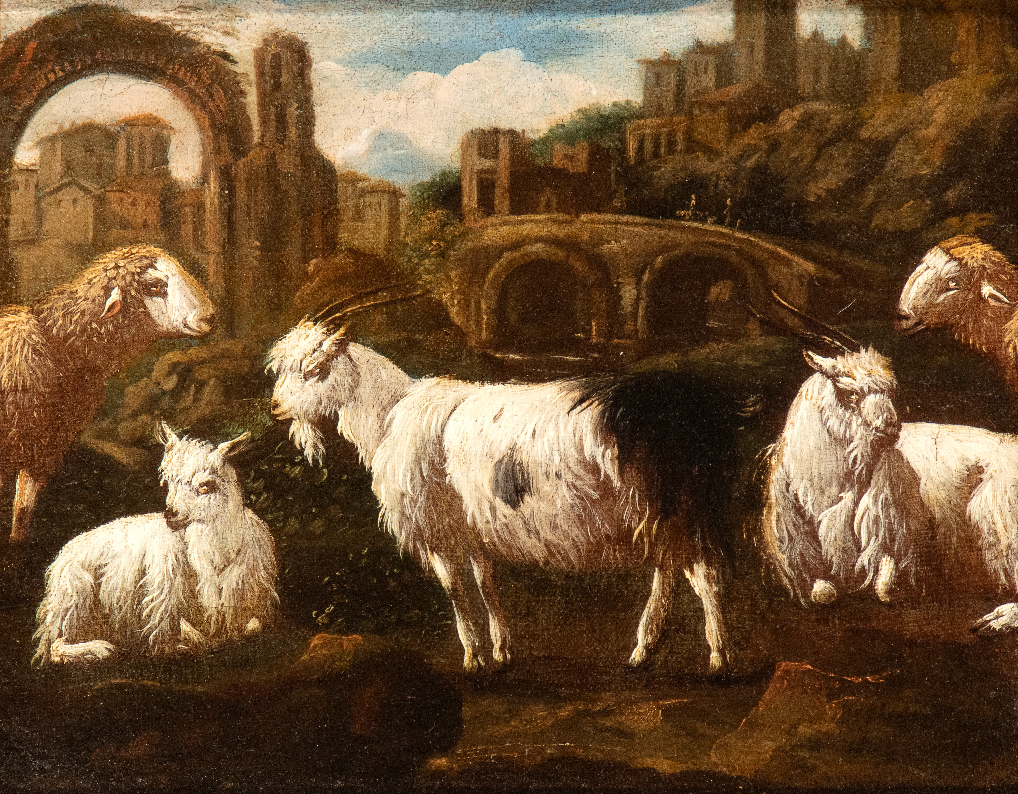 a) Gregge tra rovine romane con arco sullo sfondo; b) Gregge in un paesaggio con edificio sullo s...