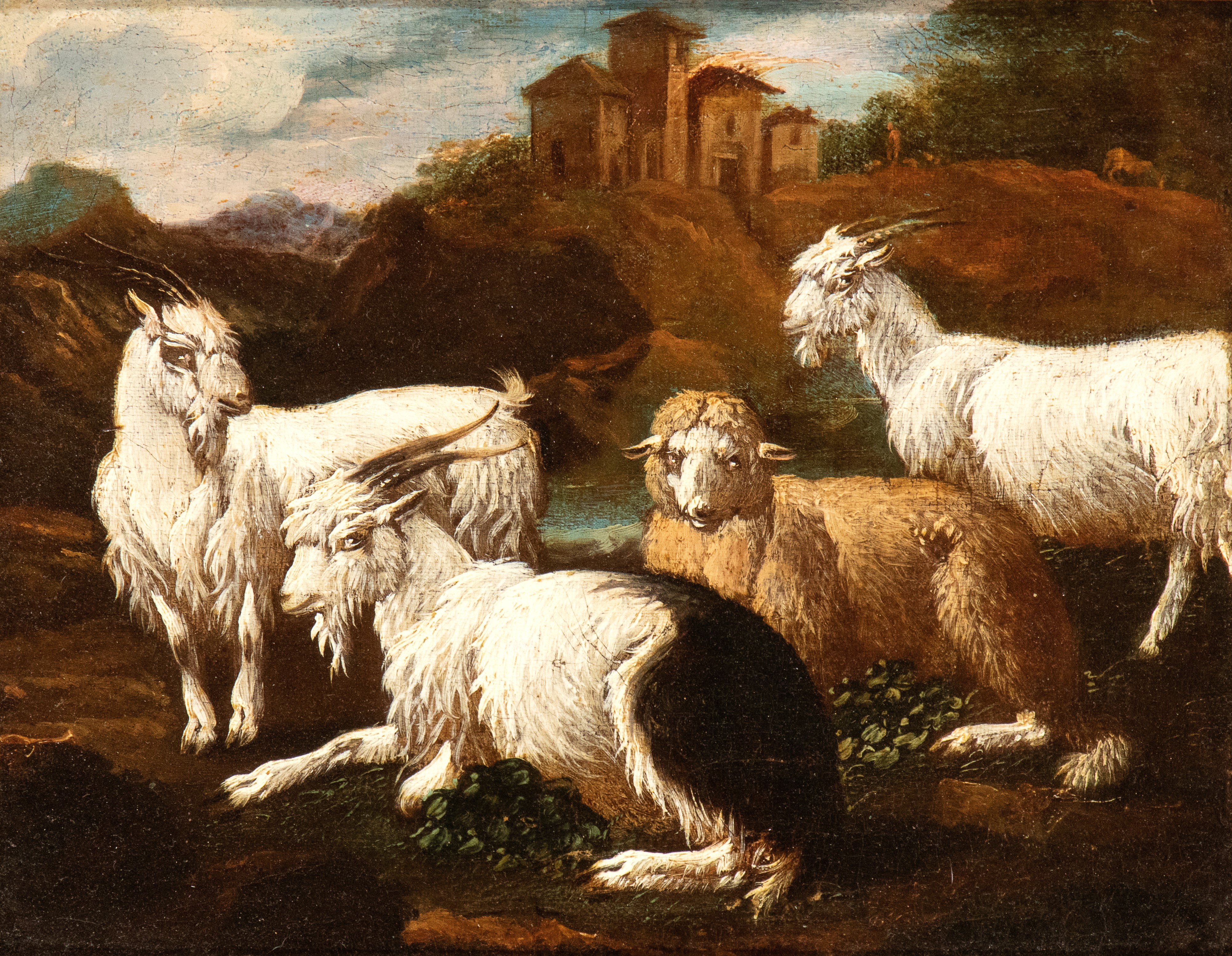 a) Gregge tra rovine romane con arco sullo sfondo; b) Gregge in un paesaggio con edificio sullo s...