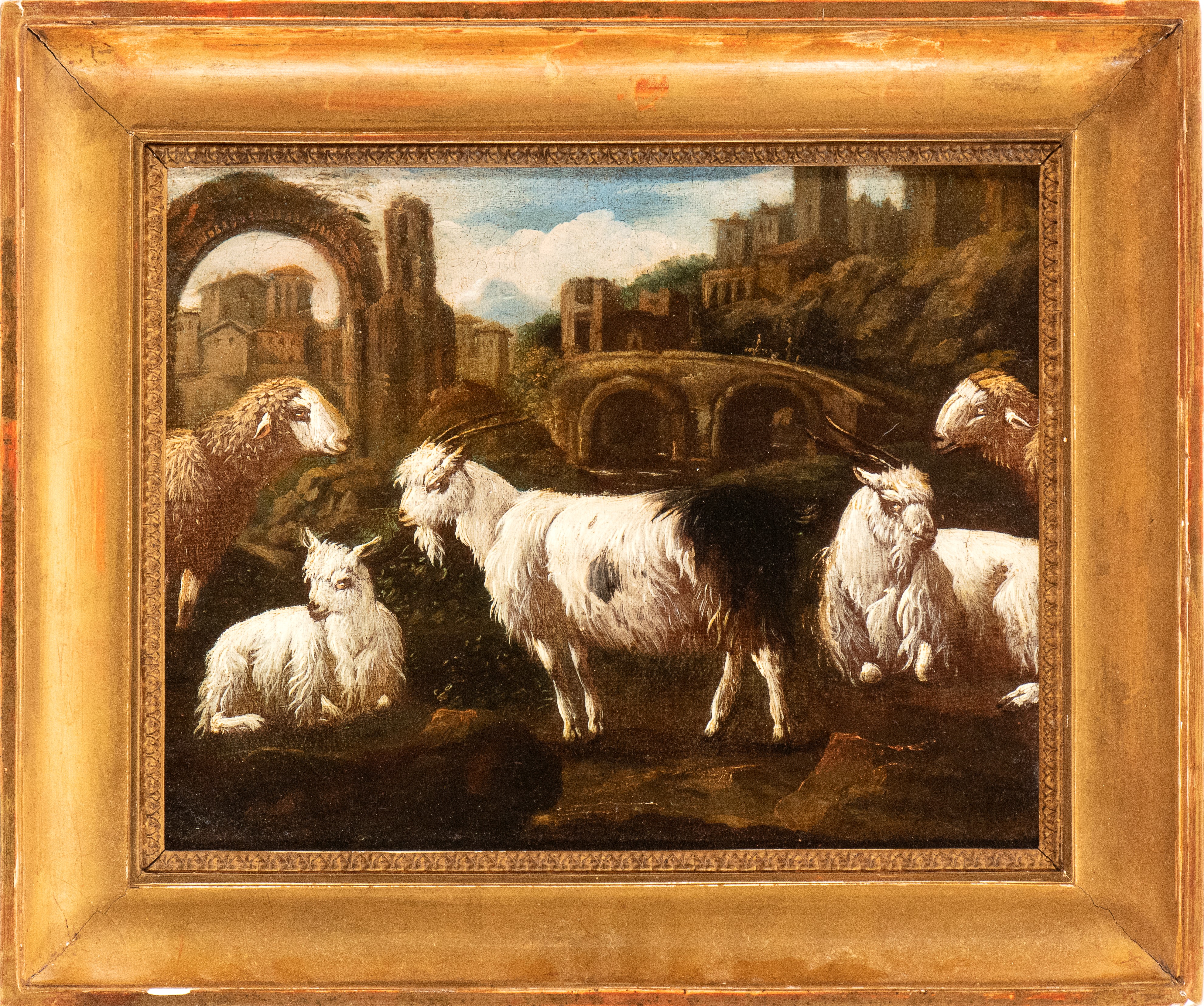 a) Gregge tra rovine romane con arco sullo sfondo; b) Gregge in un paesaggio con edificio sullo s...