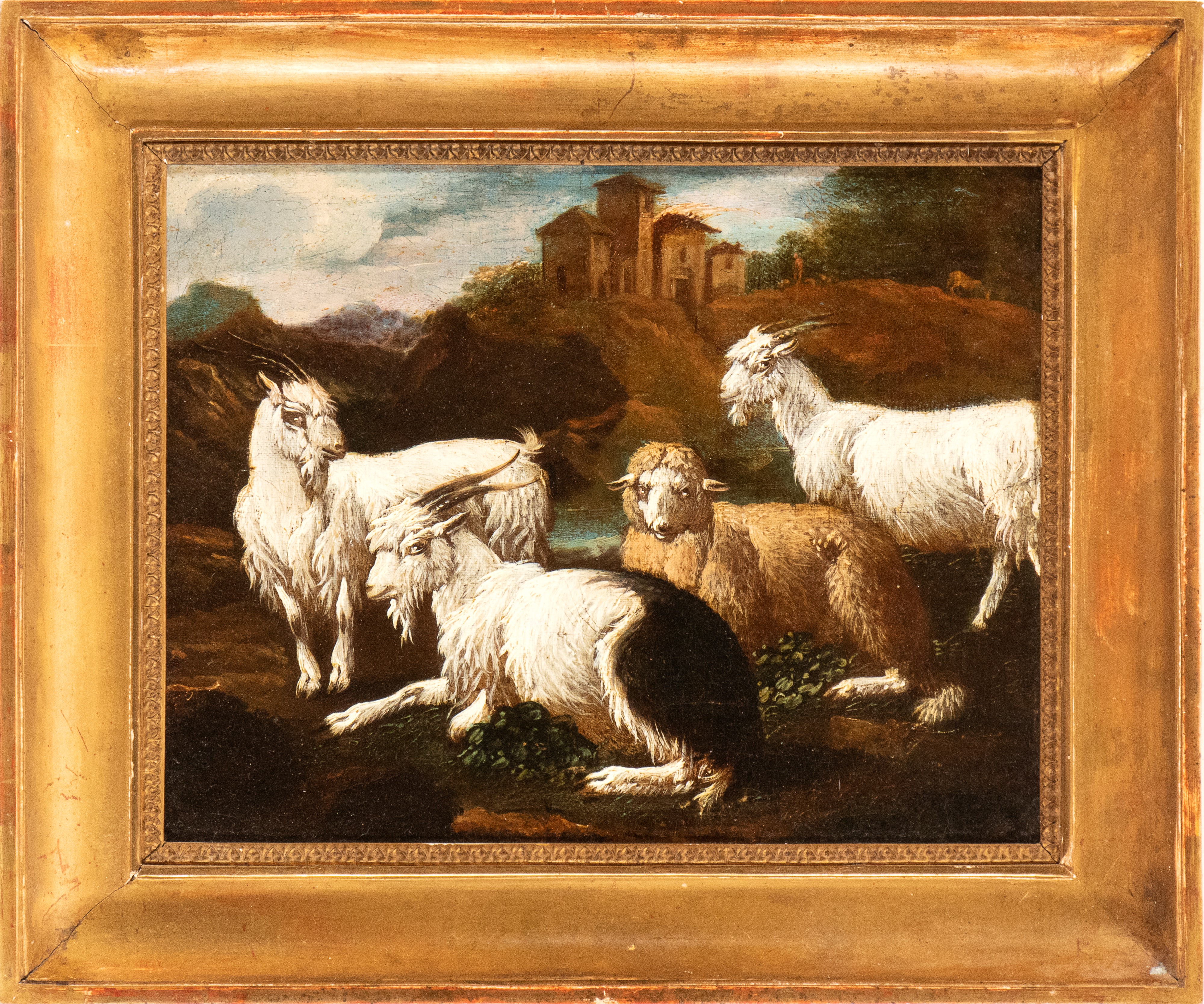 a) Gregge tra rovine romane con arco sullo sfondo; b) Gregge in un paesaggio con edificio sullo s...