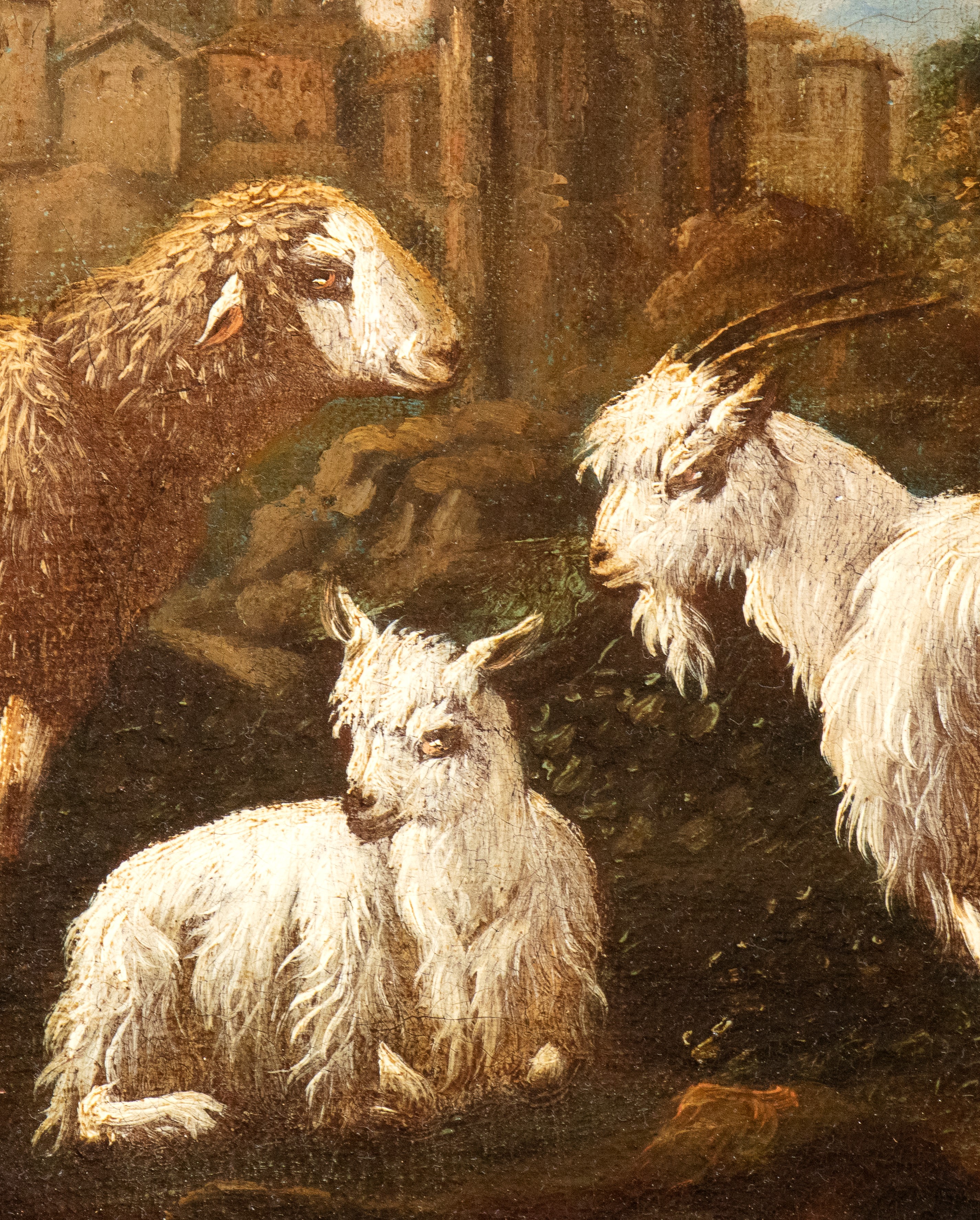 a) Gregge tra rovine romane con arco sullo sfondo; b) Gregge in un paesaggio con edificio sullo s...