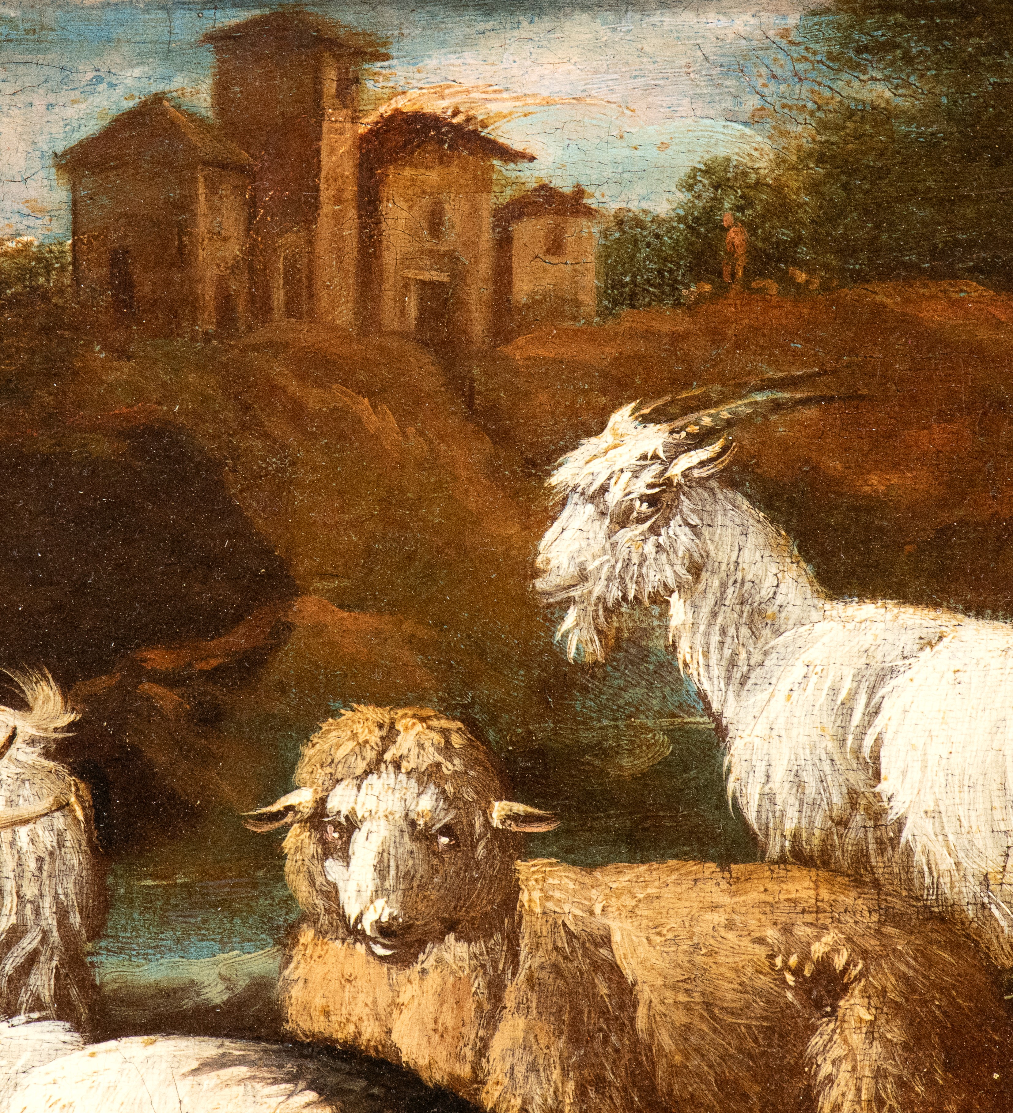 a) Gregge tra rovine romane con arco sullo sfondo; b) Gregge in un paesaggio con edificio sullo s...