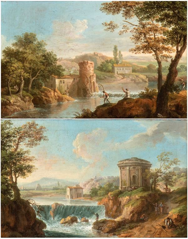 Paolo Anesi - a) Fanciful view of the Roman Campagna, with fishermen by a stream and a village; b) Fanciful view of the Roman Campagna, with fishermen, small waterfalls, and a circular temple. A pair of paintings