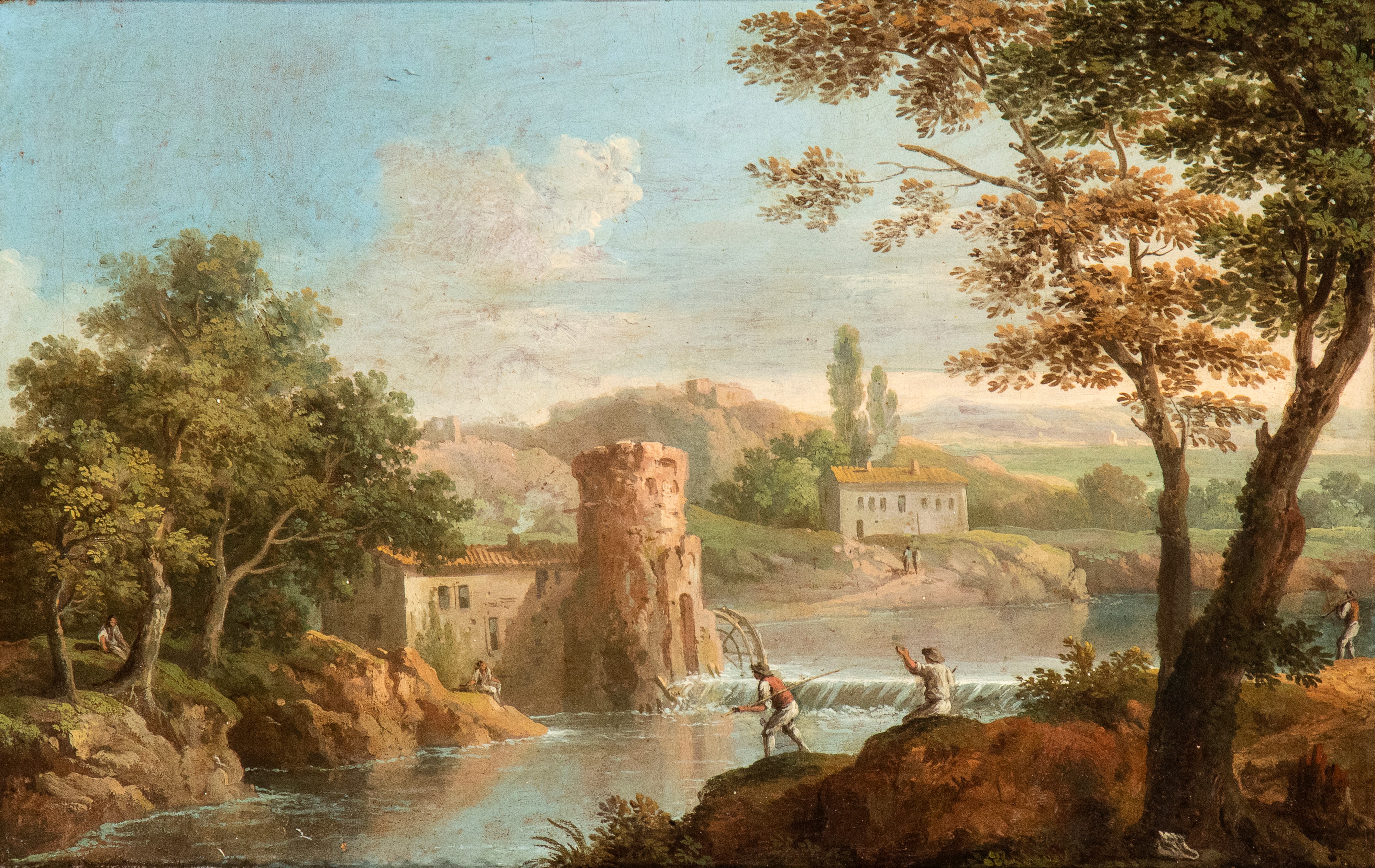 Paolo Anesi - Coppia di vedute di fantasia della campagna romana con pescatori e borgo abitato, o...